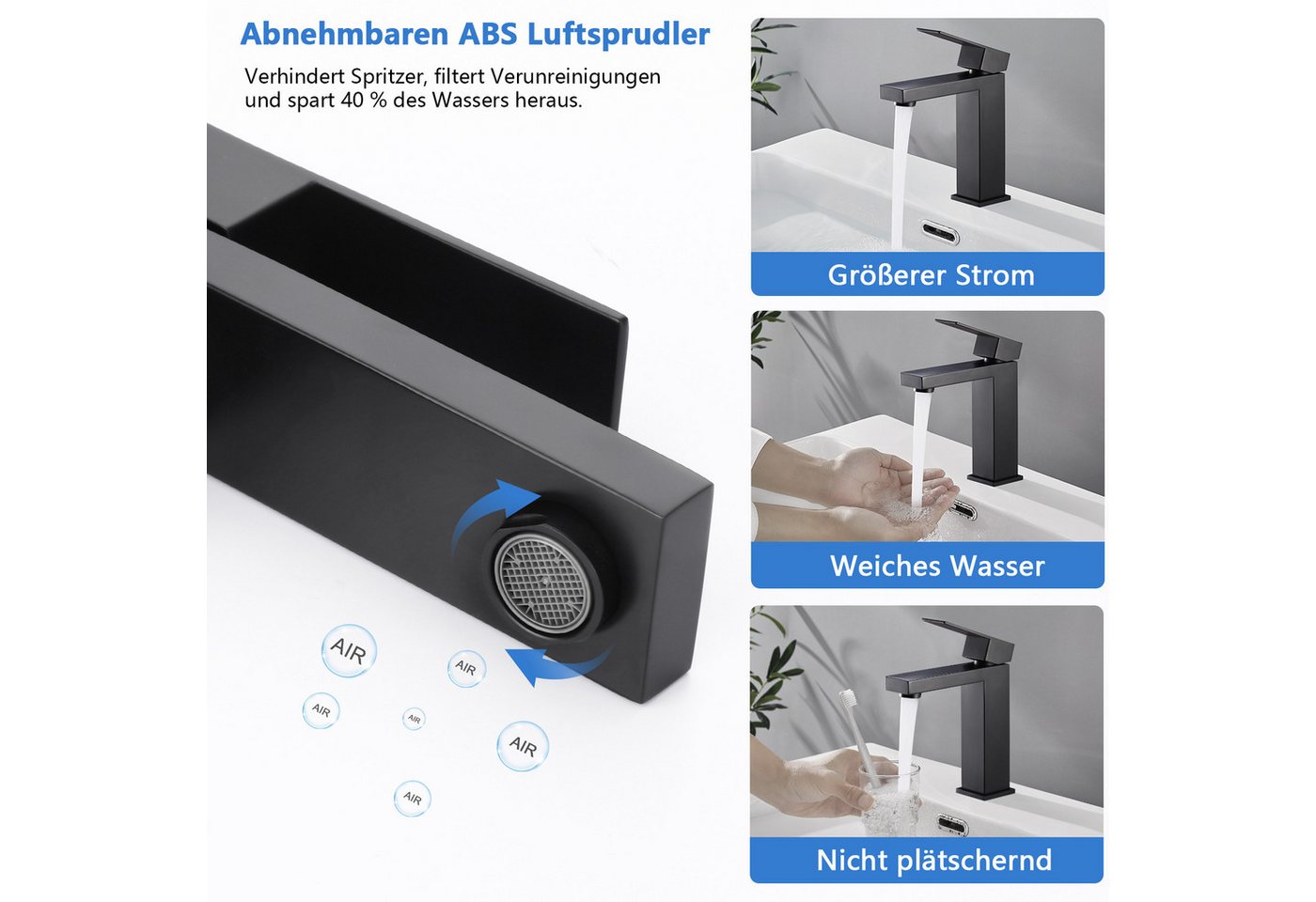 Thumbnail - WOOHSE Waschtischarmatur Wasserhahn Bad Schwarz, Waschtischarmatur Schwarz Matt aus Messing (1-St) Badezimmer Amatur Sch...