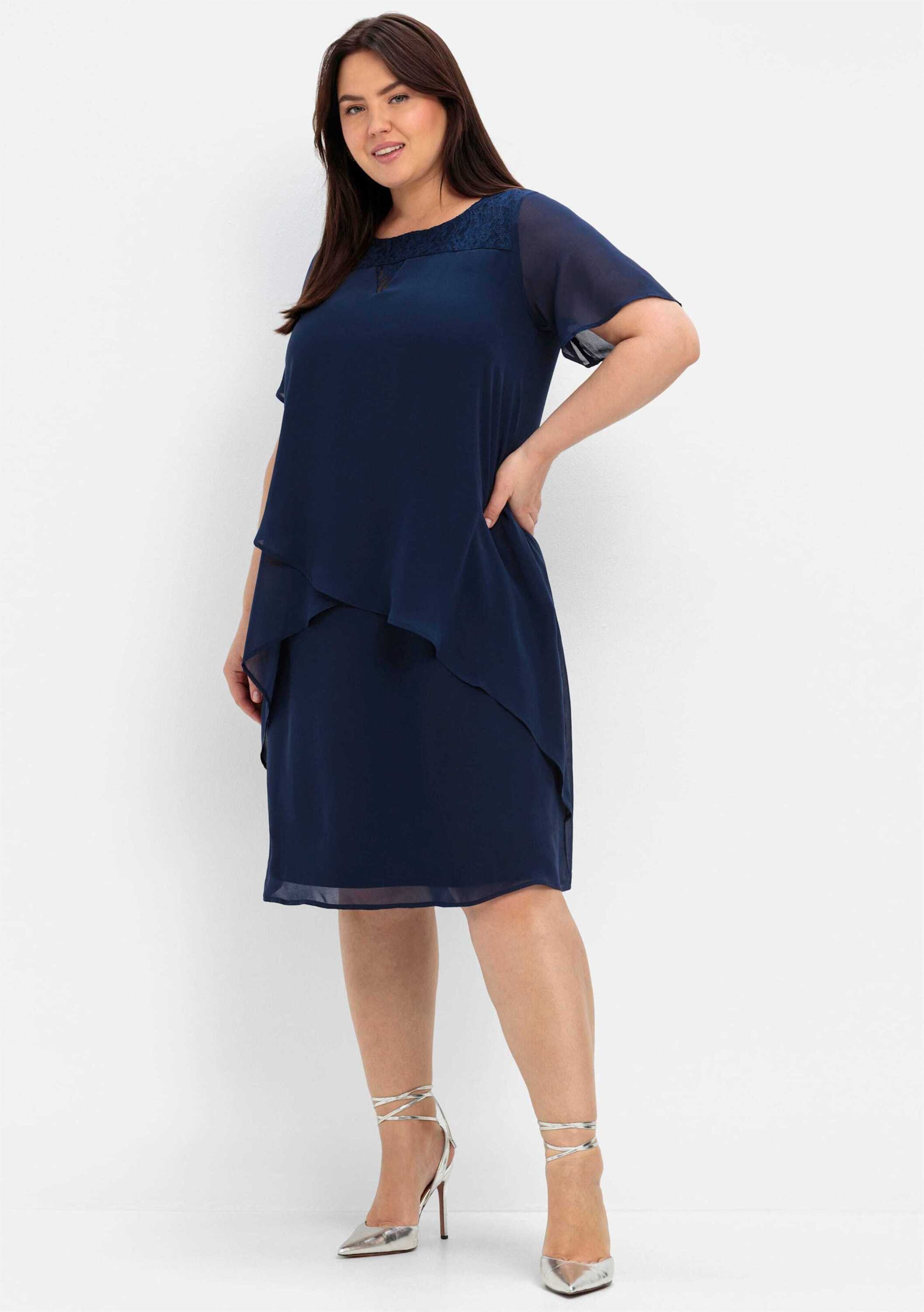 Sheego Etuikleid Abendkleid Kurzarm mit asymetrischen Volants