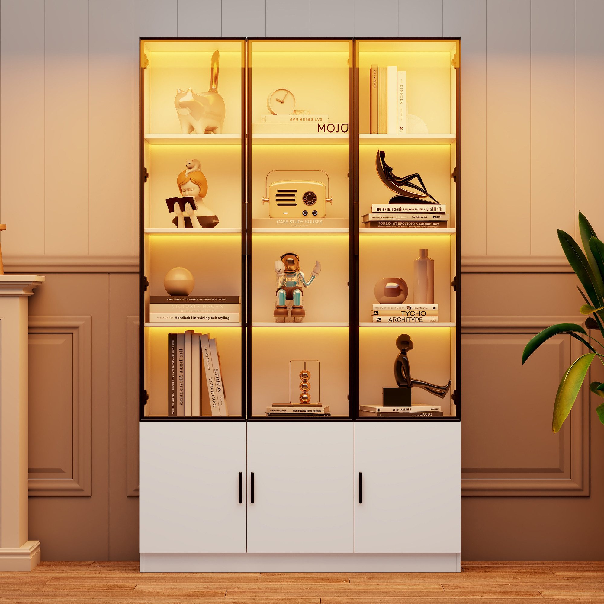 Merax Glasvitrine mit LED-Beleuchtung steuerbar per App (Wohnzimmerschrank Hochschrank Multifunktionsschrank, 1-St) Standvitrine mit 6 Türen und größer Stauraum, Vitrine, 120x32x200 cm