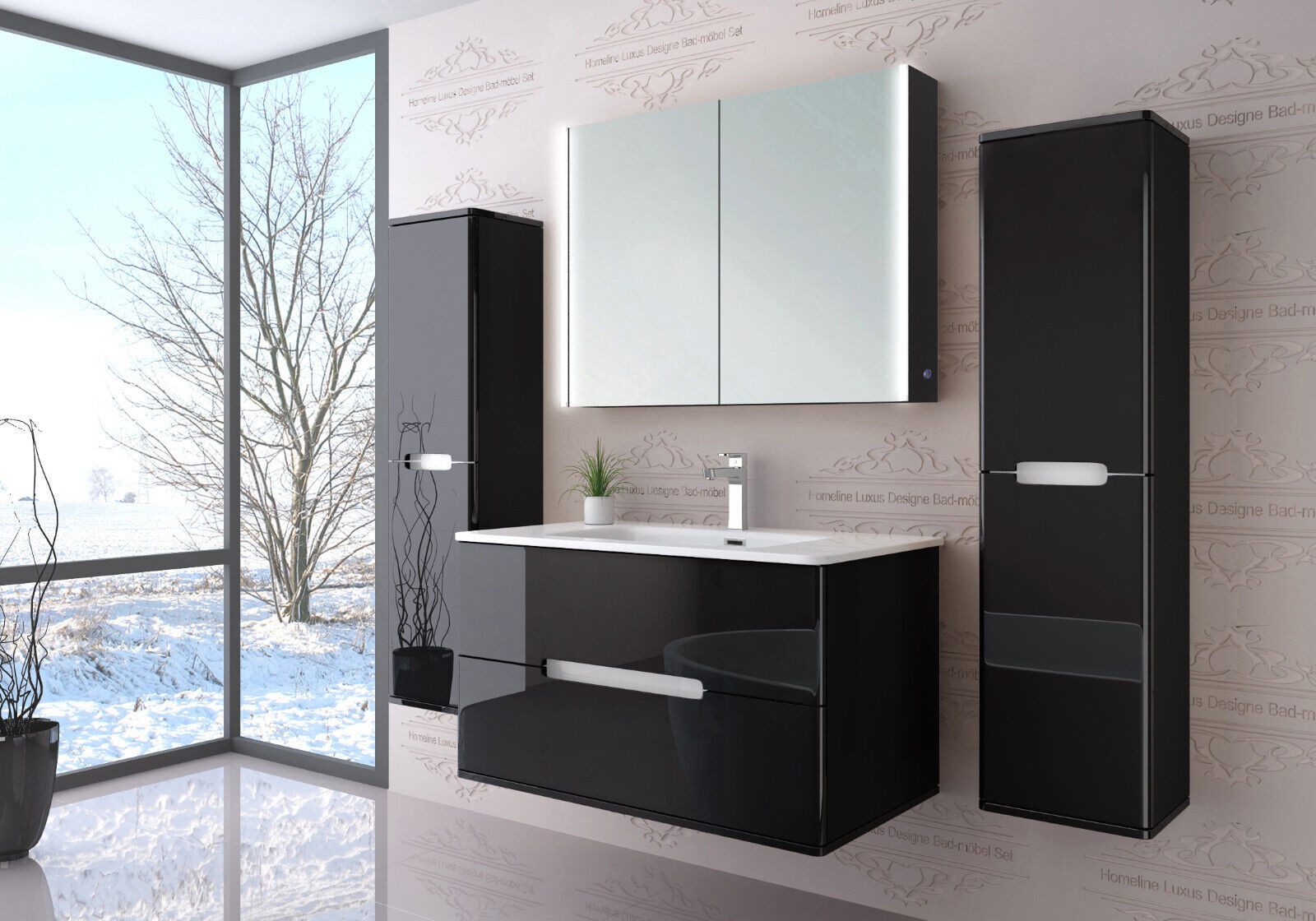 Homeline Badmöbel-Set Bad Möbelset Badezimmer Möbel Hochglanz 90 cm Eiche / günstig online kaufen