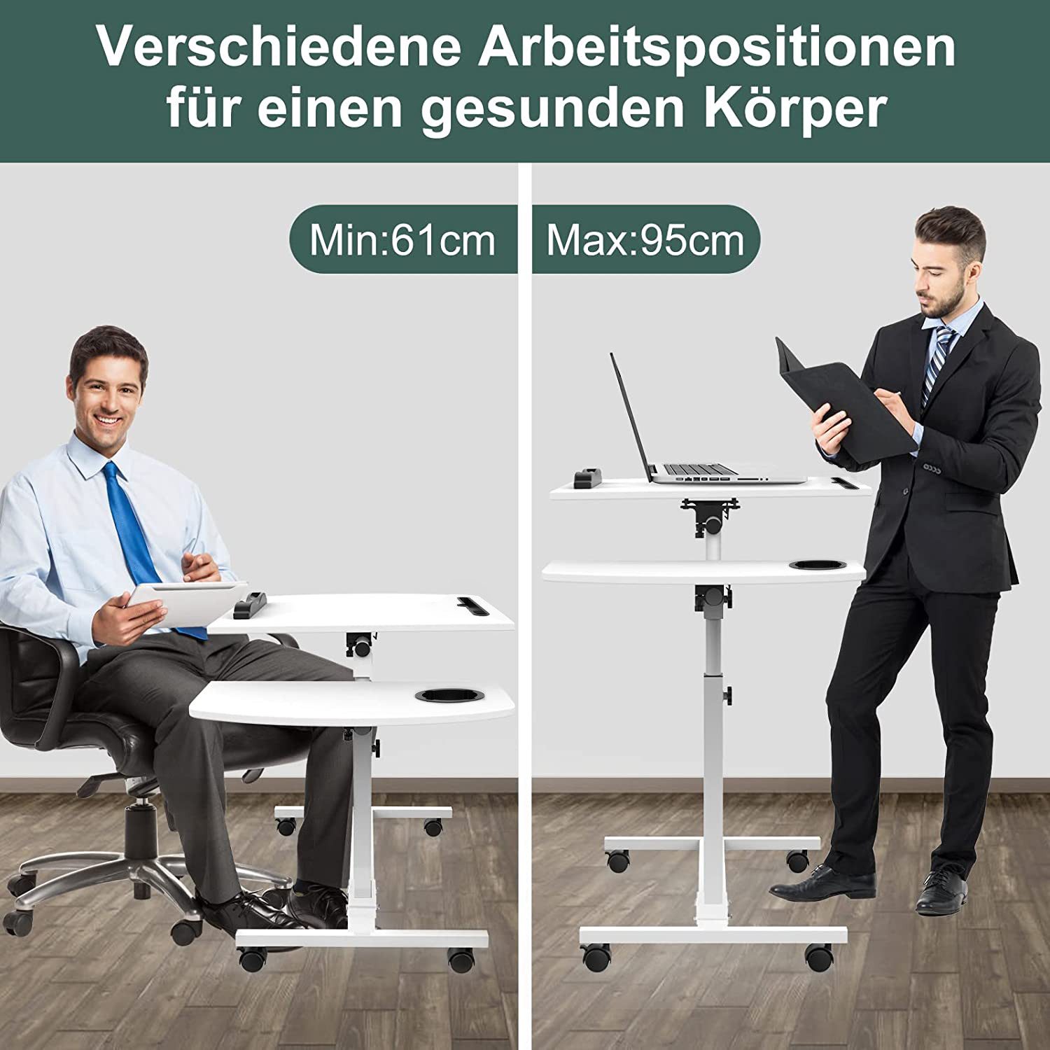 JEOBEST Computertisch Laptoptisch,Mobiler Beistelltisch Pflegetisch Höhenverstellbar 61-95cm, Laptopständer Holz mit Tablet Steckplatz, Stopperleisten+Becherhalter