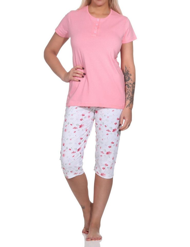 Normann Pyjama Eleganter Damen Capri Pyjama Schlafanzug mit Knopfleiste & Caprihose