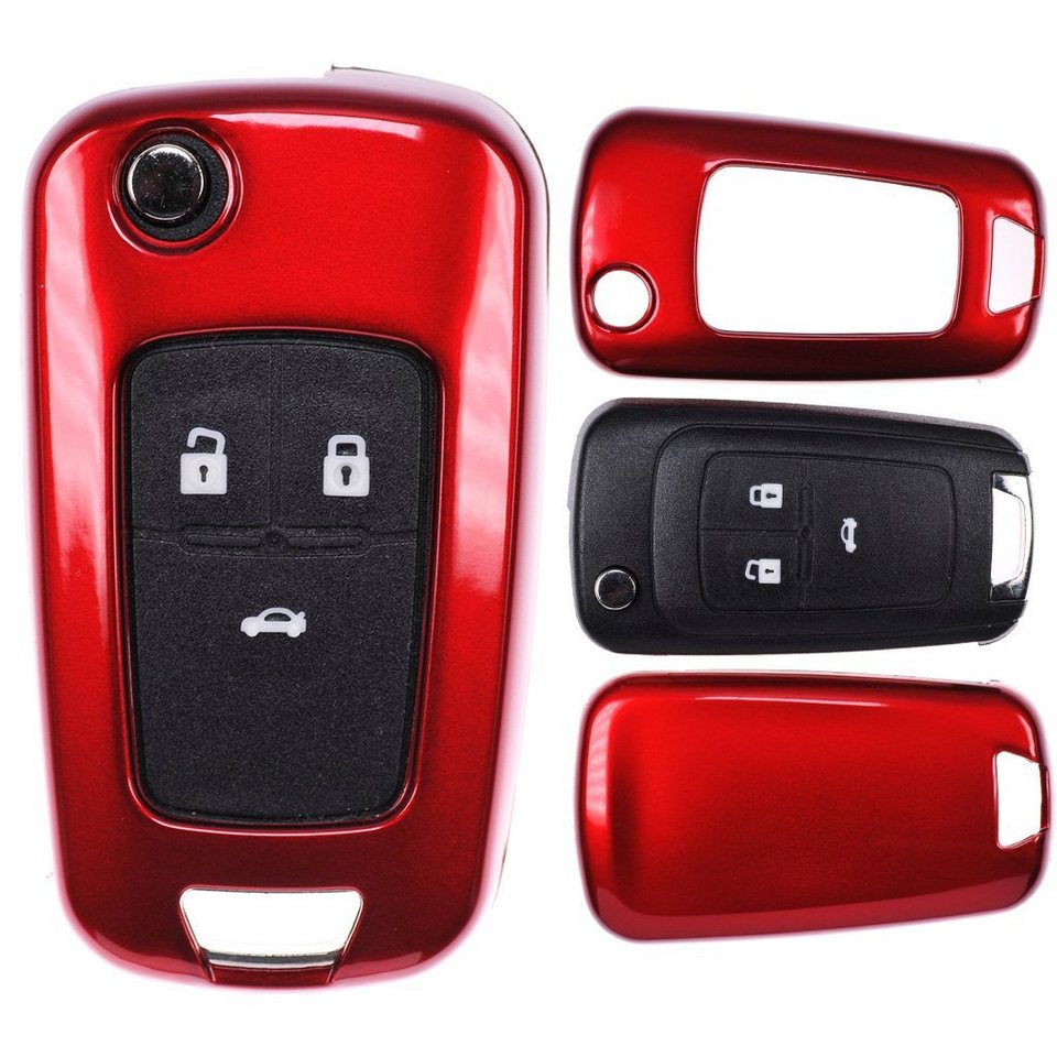 mt-key Schlüsseltasche Autoschlüssel Hardcover Schutzhülle Metallic Rot,  für Opel Astra J Corsa D Meriva Insignia Zafira Adam Klappschlüssel