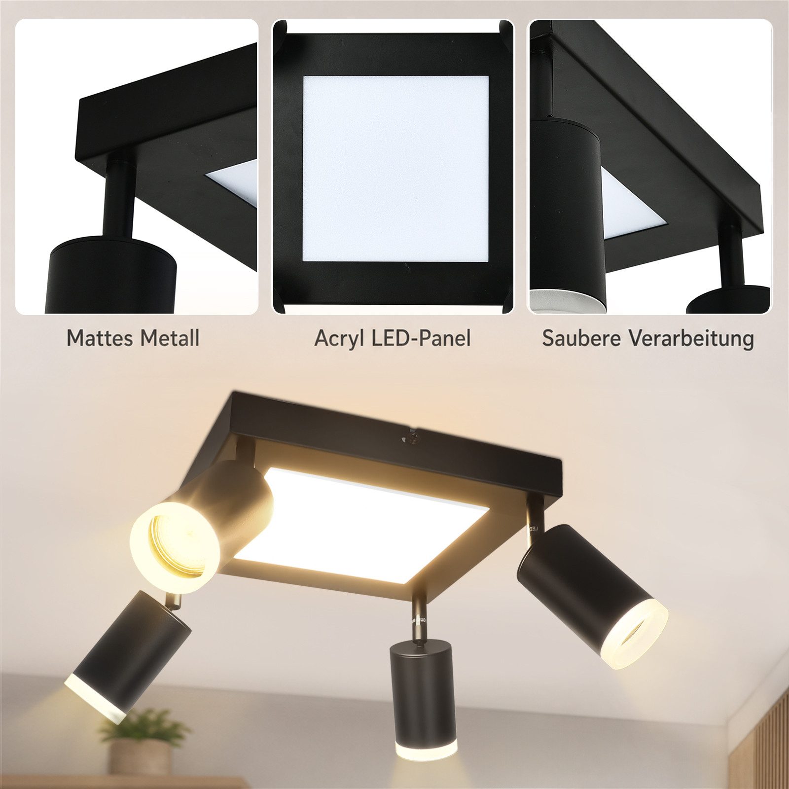 ZMH Deckenstrahler 4 Flammig Quadratisch/Rund 20W Deckenleuchte 3000K GU10 Wohnzimmer, Einfache Installation, LED fest integriert, ohne Leuchtmittel, Warmweiß