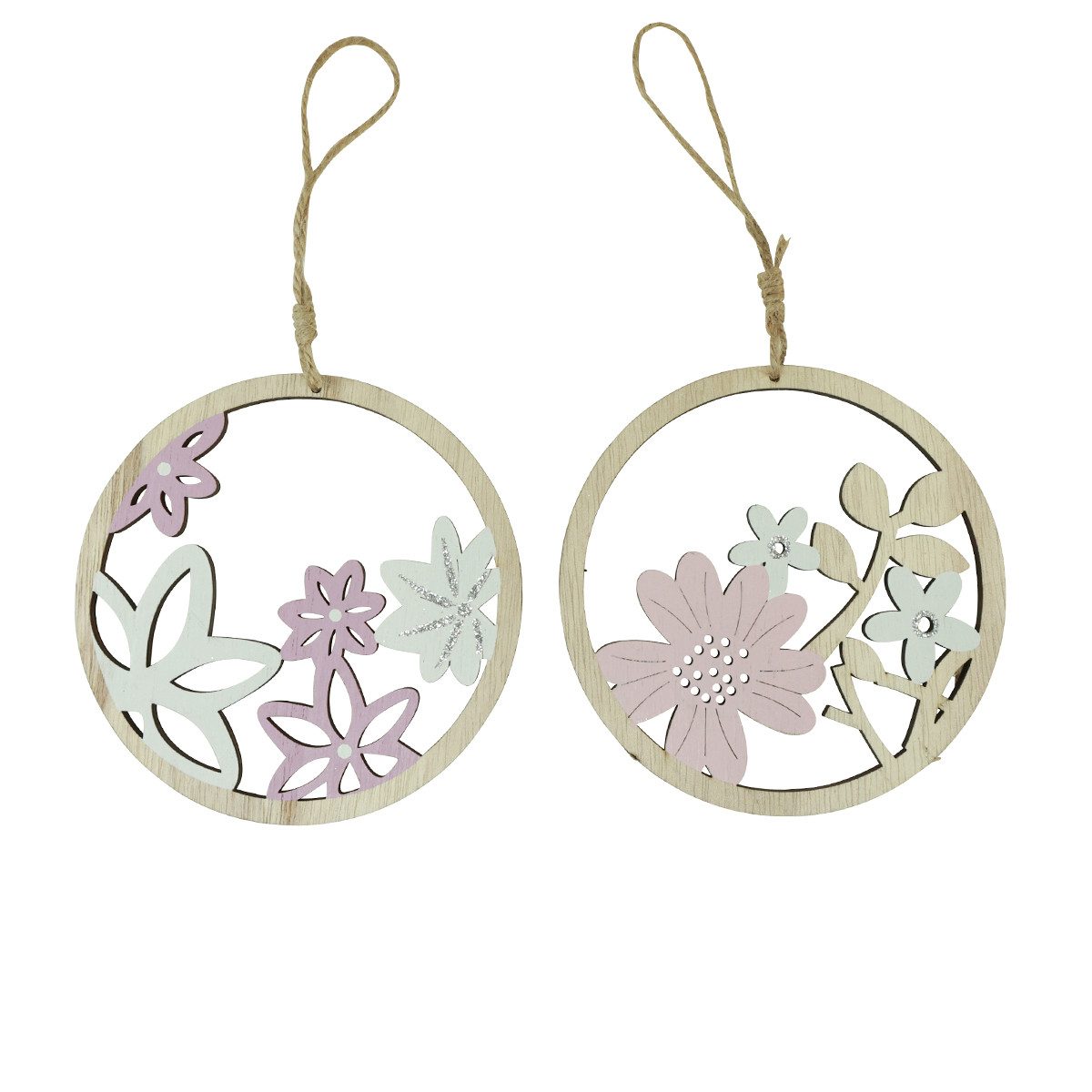 Hängedekoration Dekohänger Holzblumen Ø12cm Set 6 Stk Natur Weiß Lila Glitter