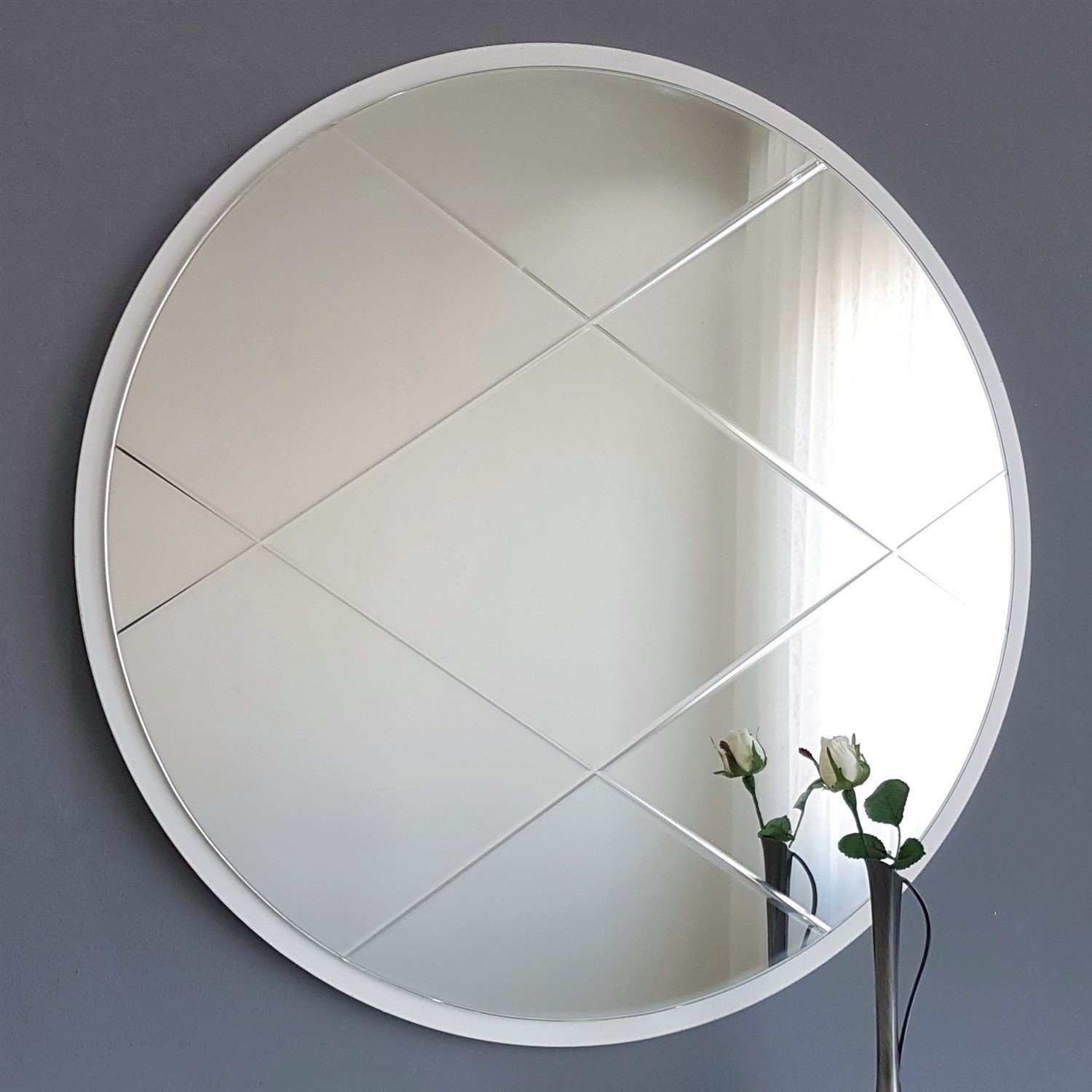 Ronde wandspiegel voor woondecoratie, verpletterd kristal, zilver, diamant, 59,9 x 59,9 x 2,5 cm, om op te hangen aan de muur, frameloos, glazen spiegel, diamantglas, decoratie
