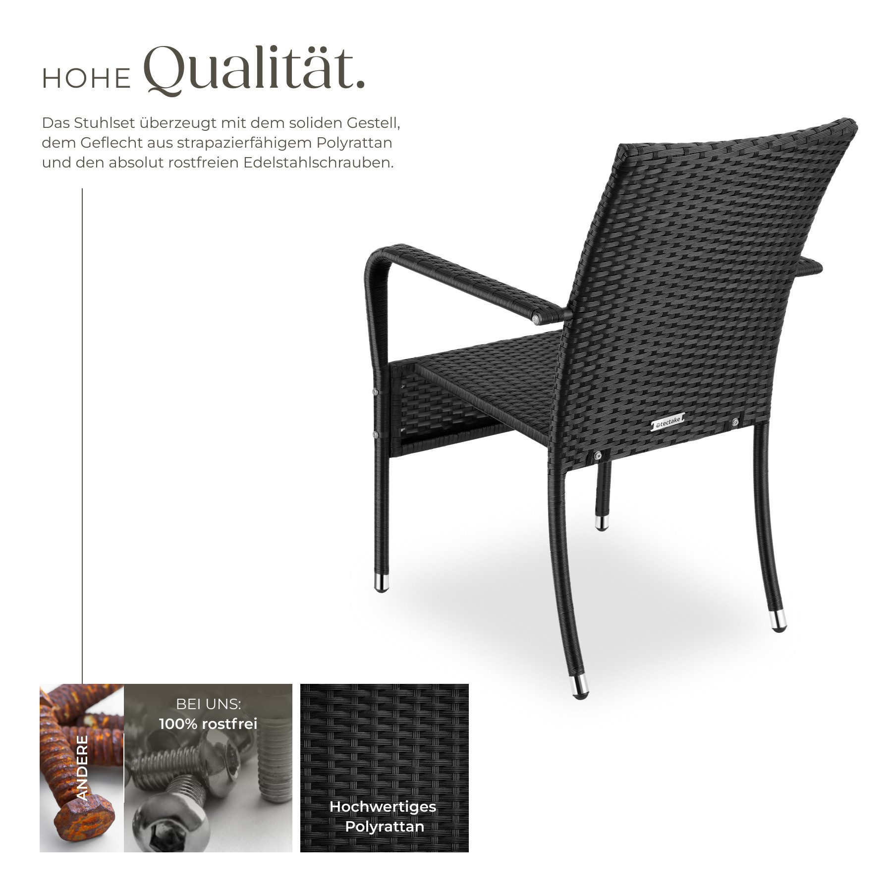 tectake Rattanstuhl Gartenstuhl Girona, stapelbar, Belastbarkeit 120 kg, 58 x 67 x 90 cm (Set, 8 St), Pulverbeschichtetes Stahlgestell für enorme Stabilität