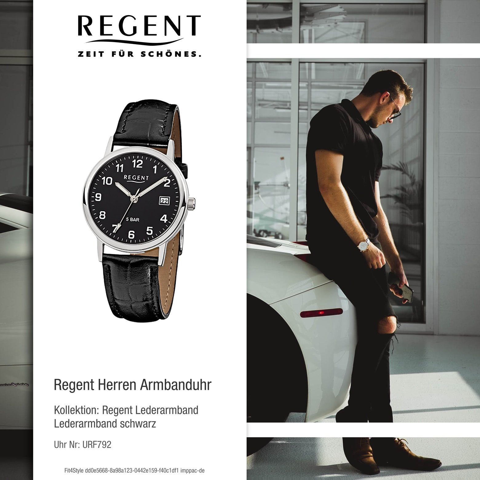 Regent Analog, Regent 34mm), Herren-Armbanduhr rund, Lederarmband schwarz Herren mittel Armbanduhr (ca. Quarzuhr