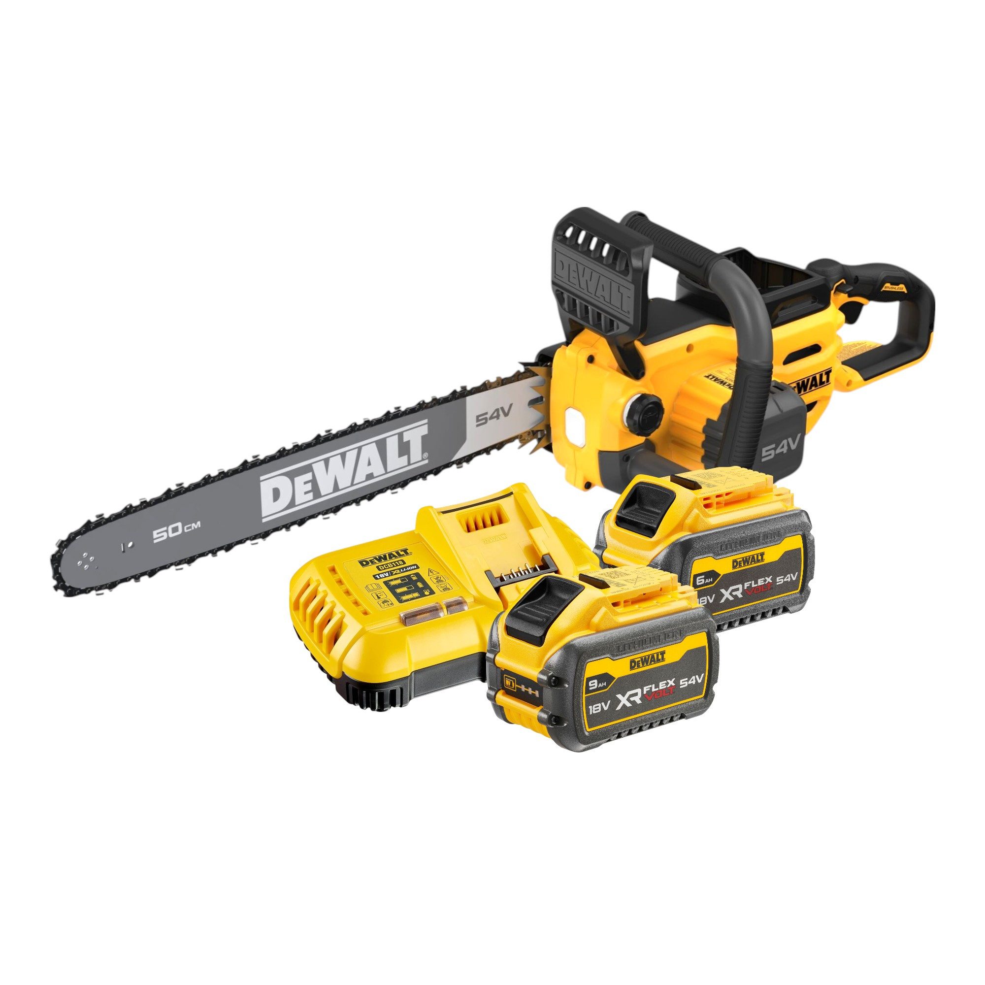 DeWalt Akku-Kettensäge DCMCS 575 X2 54 V FlexVolt 50 cm Brushless + 2x Akku 9,0 Ah + Lader