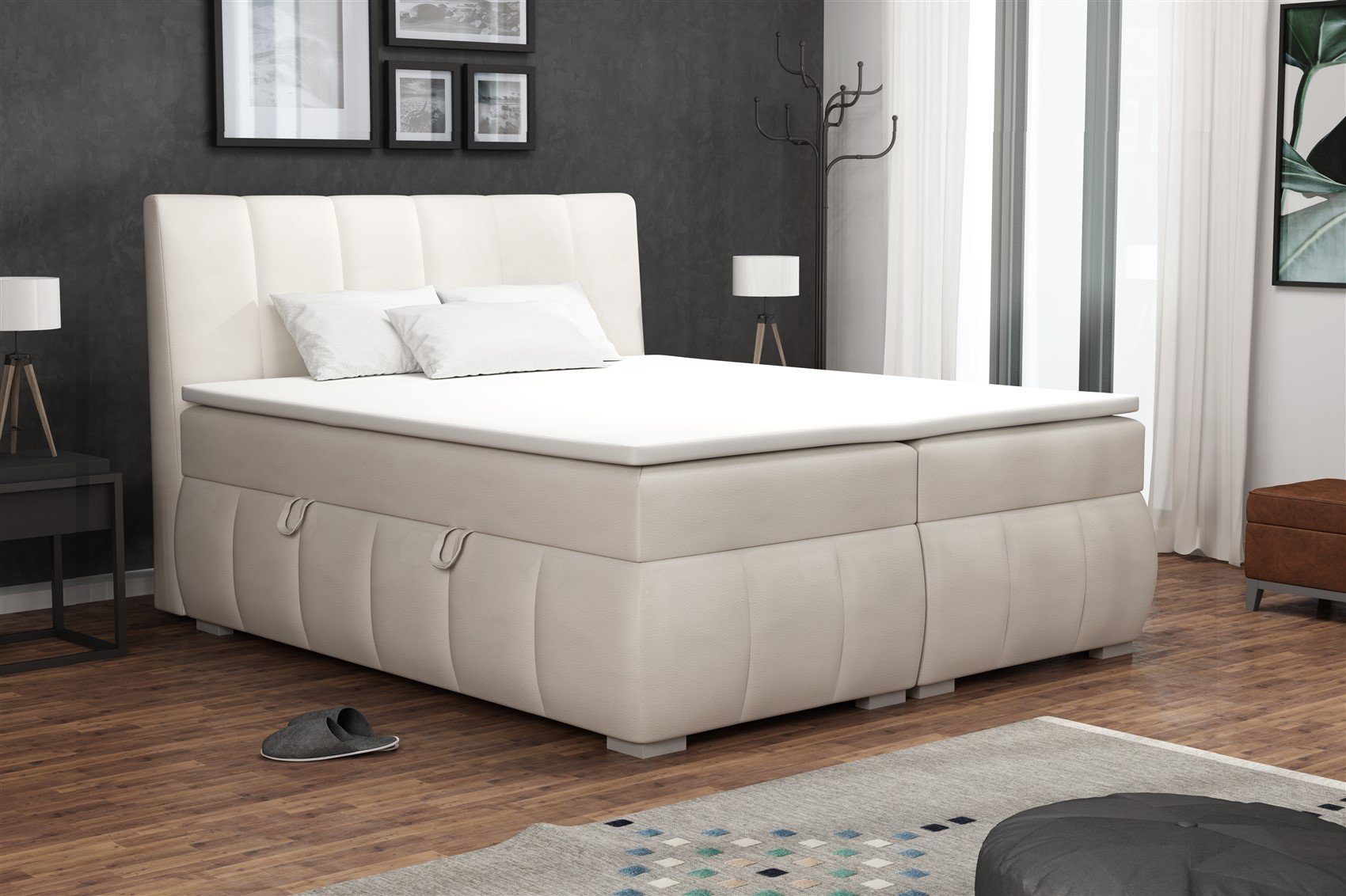 Fun Möbel Boxbett Schlafzimmerbett VINCENZA in Kunstleder "Soft" Creme (inkl. Bettkasten, 1-St., inkl. Kaltschaumtopper)