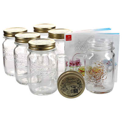 Bormioli Rocco Glas 6er Set Trinkglas mit Henkel und Deckel Original Quattro Stagioni Glas 0,415L - inkl. Bormioli Rezeptheft