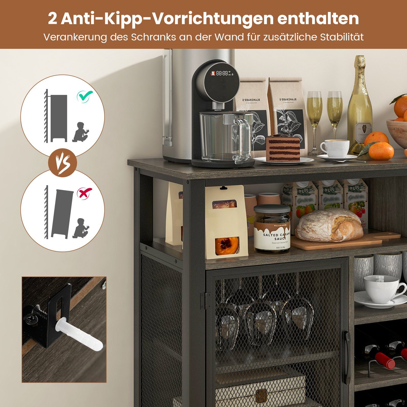 COSTWAY Sideboard, Küchenschrank mit 2 Metallgittertüren, Weinregalen, 140cm