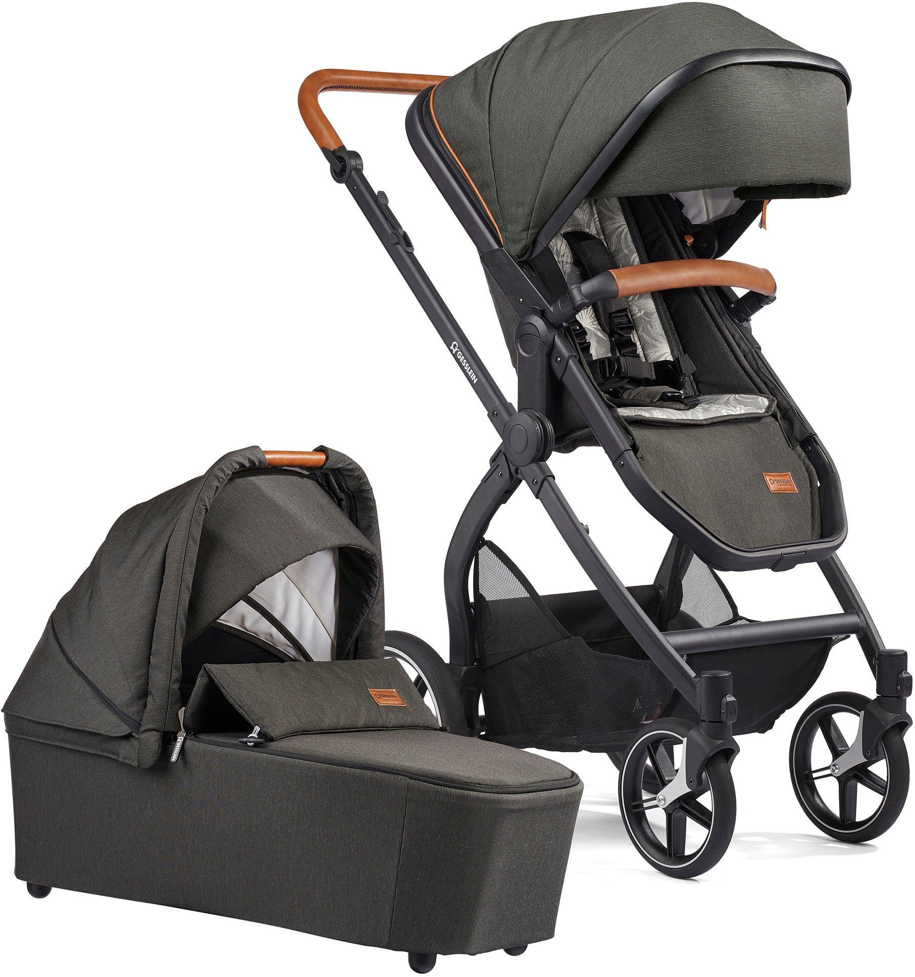 FX4 mit Gesslein olive, dark und Babywanne Aufsatz Life, C3 Babyschalenadapter Kombi-Kinderwagen Soft+ schwarz/cognac, mit