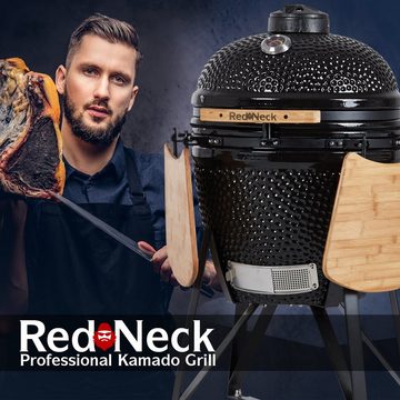 RedNeck Keramikgrill Keramik-Grill RedNeck Kamado 23" Pro schwarz, Transportrollen mit Bremssystem, Seitenablagen