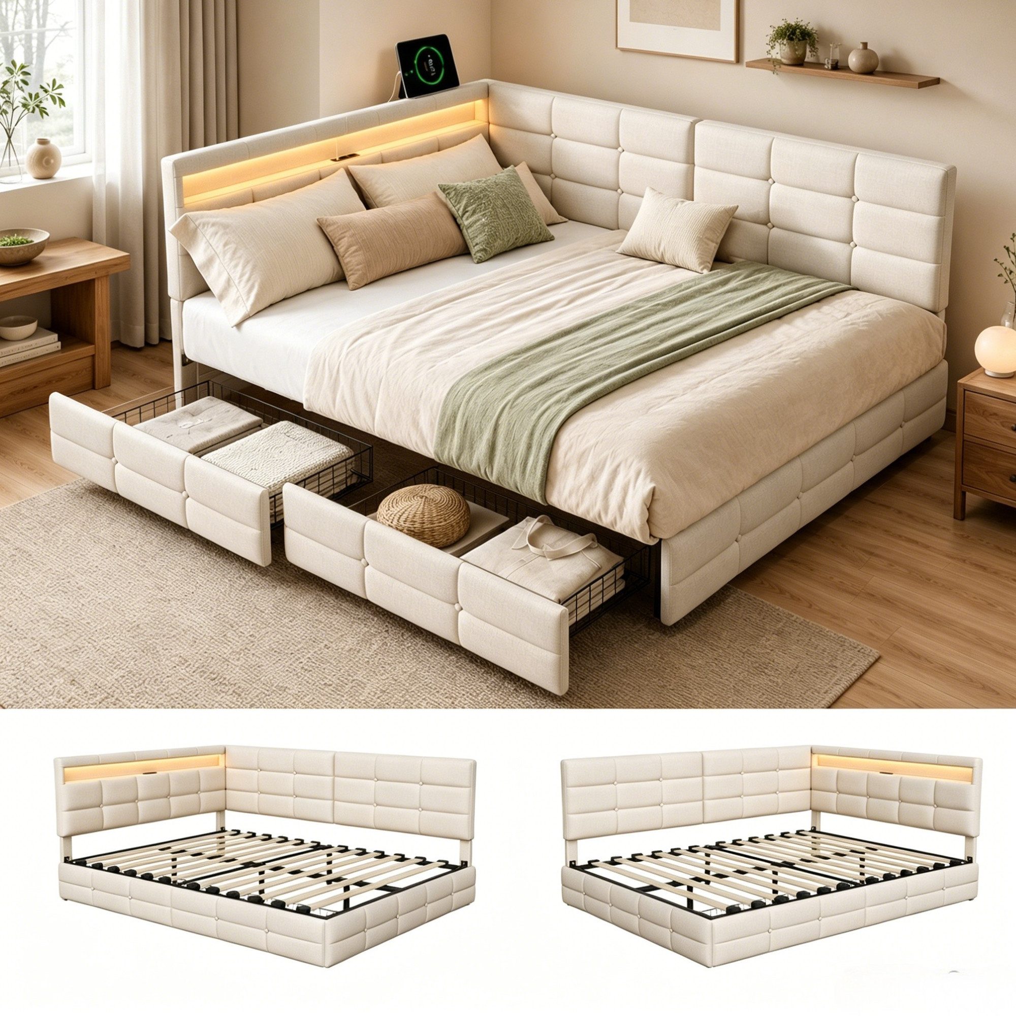 Simurq Polsterbett Daybett mit LED-Beleuchtung & USB, Tagesbett Jugendbett (1-tlg., in 2 Größen verfügbar), Schlafsofa Sofabett mit 2 Schubladen