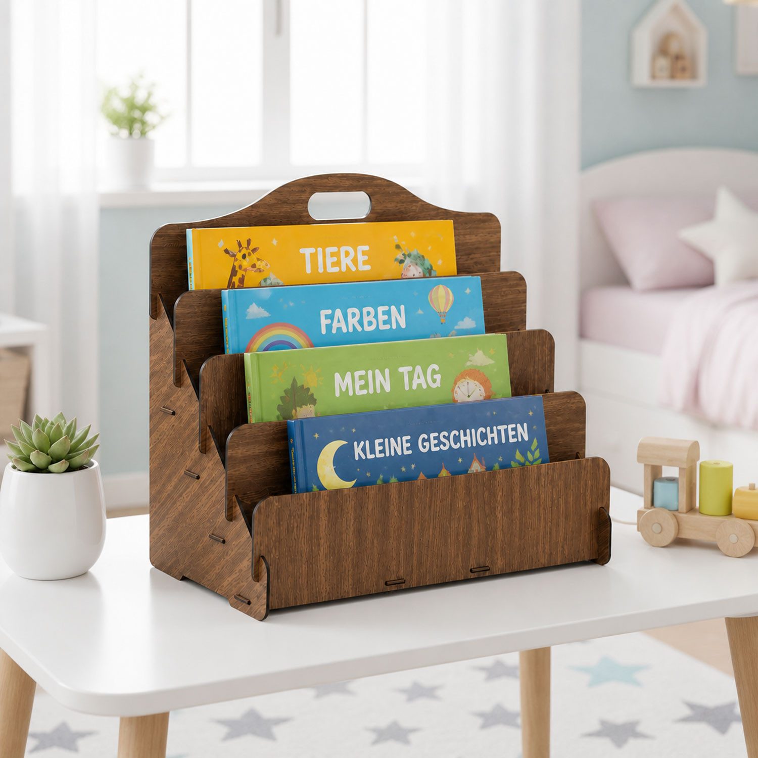 Jungengel Bücherregal Montessori Bücherständer Kinder-Bücherregal Holz Bücheraufbewahrung, Einzelartikel, 4x Farben/Modelle, schraubenlose Steckmontage, 45x20x35 cm