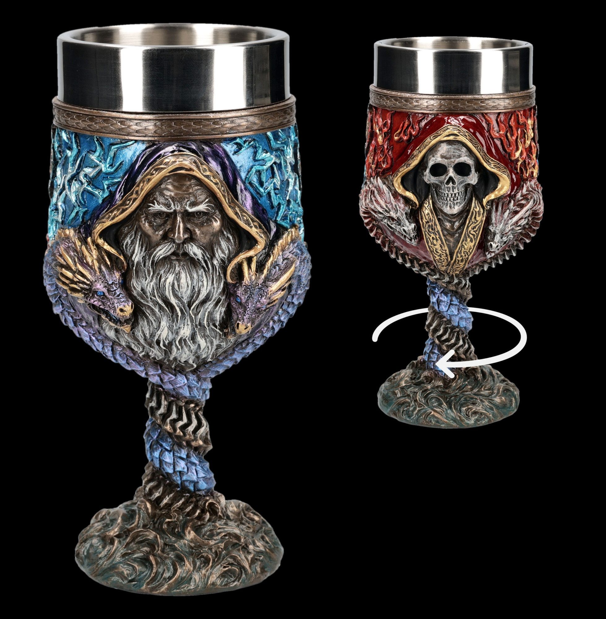 Figuren Shop GmbH Becher Zauberer Kelch mit Drachen – Fantasy Trinkkelch Himmel Hölle 17 cm, Kunststein (Polyresin), Edelstahl
