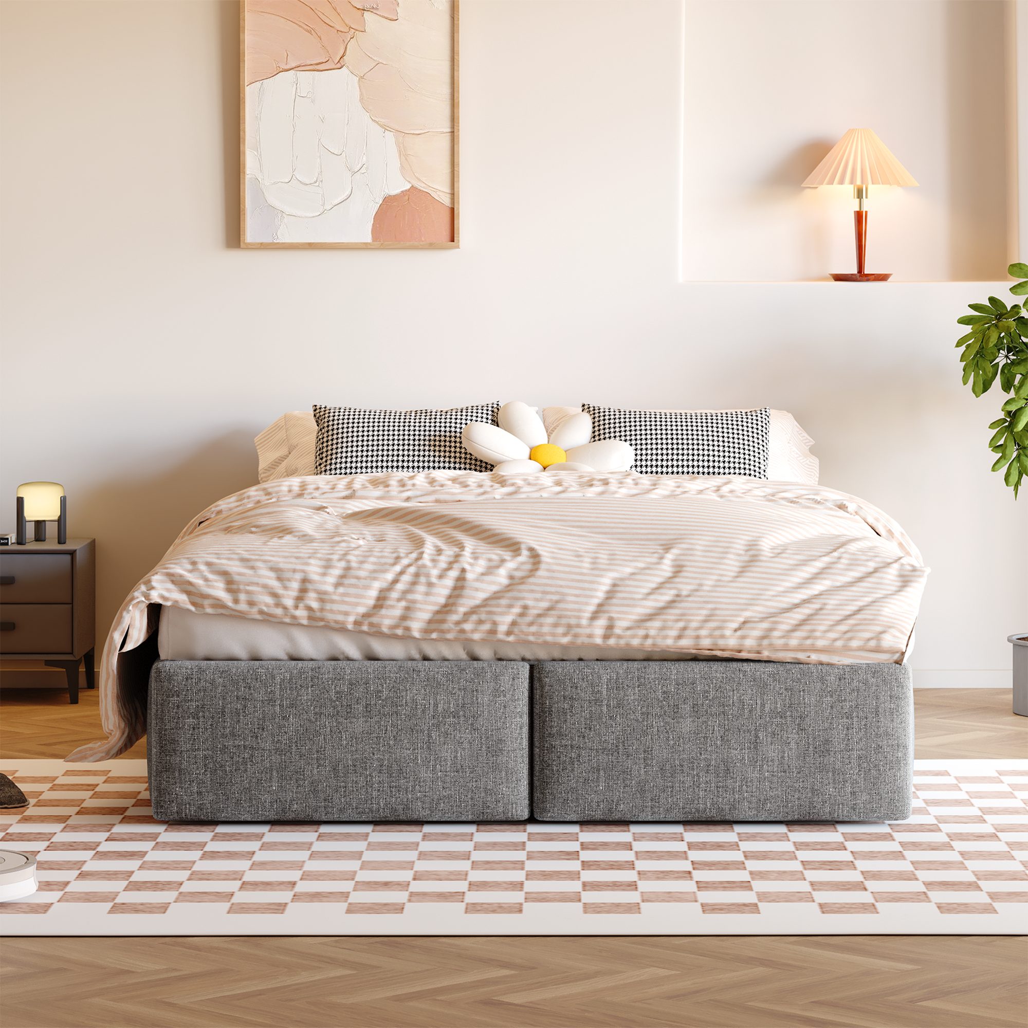 SOFTWEARY Futonbett mit Bettkasten, Lattenrost und Schubladen (140x200 cm), Bezug aus Leinen – Bild 4 von 5