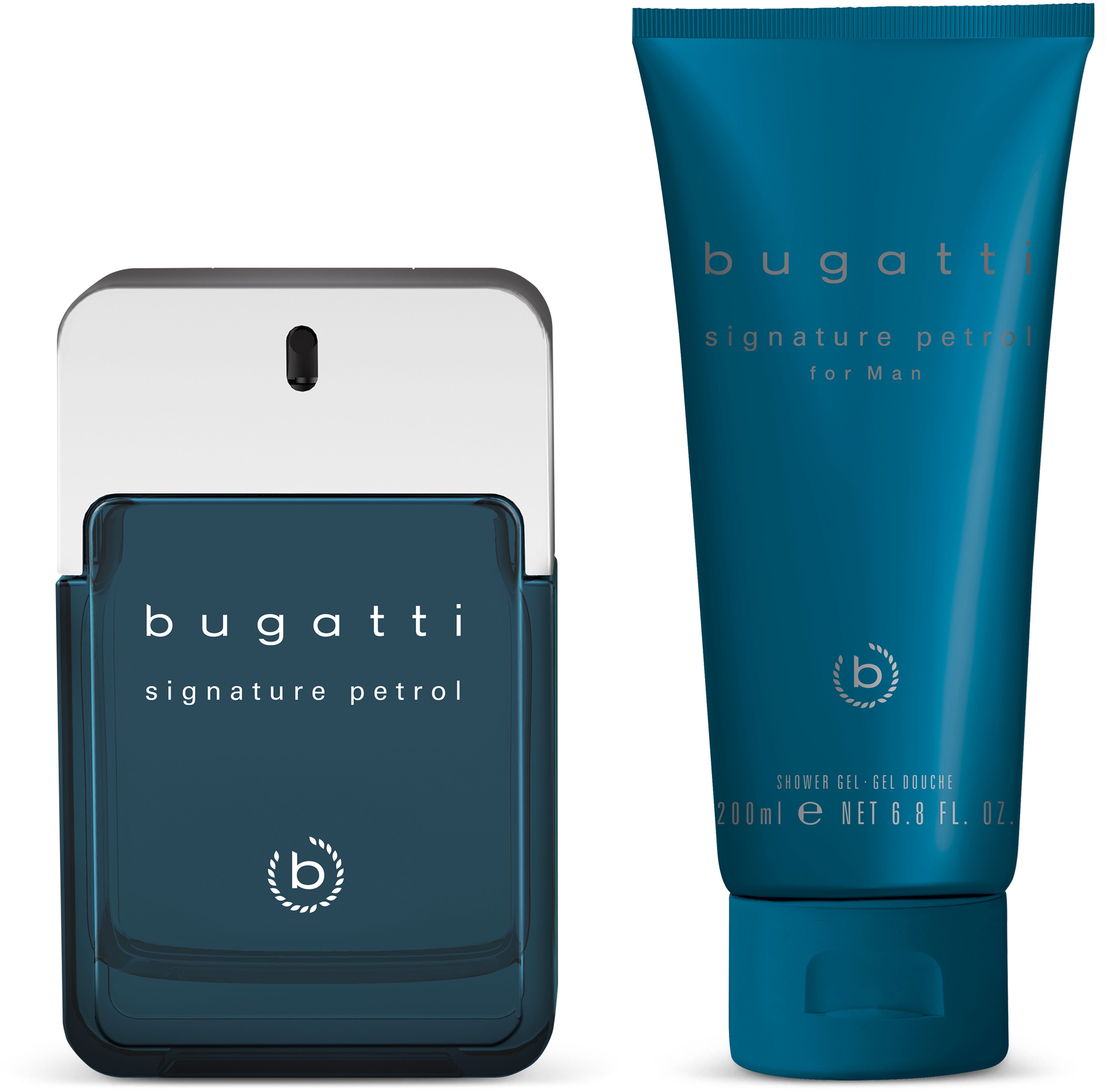 bugatti Duft-Set BUGATTI Signature Petrol for him GP EdT 100ml + 200 ml SG, 2-tlg., Herrenduft-Set mit Zitrone, Zedernholz und aquatischer Note.