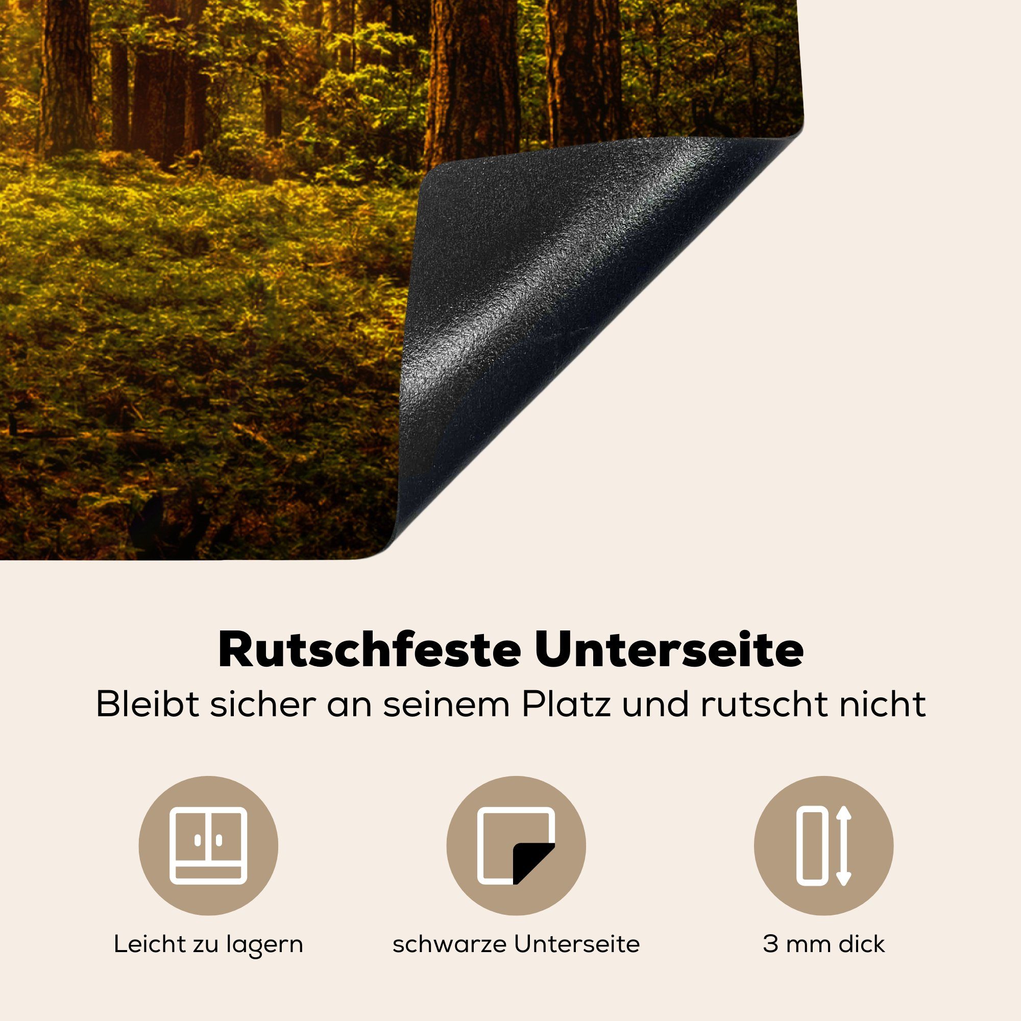 - Sonne nutzbar, Natur Sonnenuntergang, - - Mobile Wald 70x52 Arbeitsfläche Vinyl, tlg), (1 Bäume MuchoWow Ceranfeldabdeckung - cm, Herdblende-/Abdeckplatte