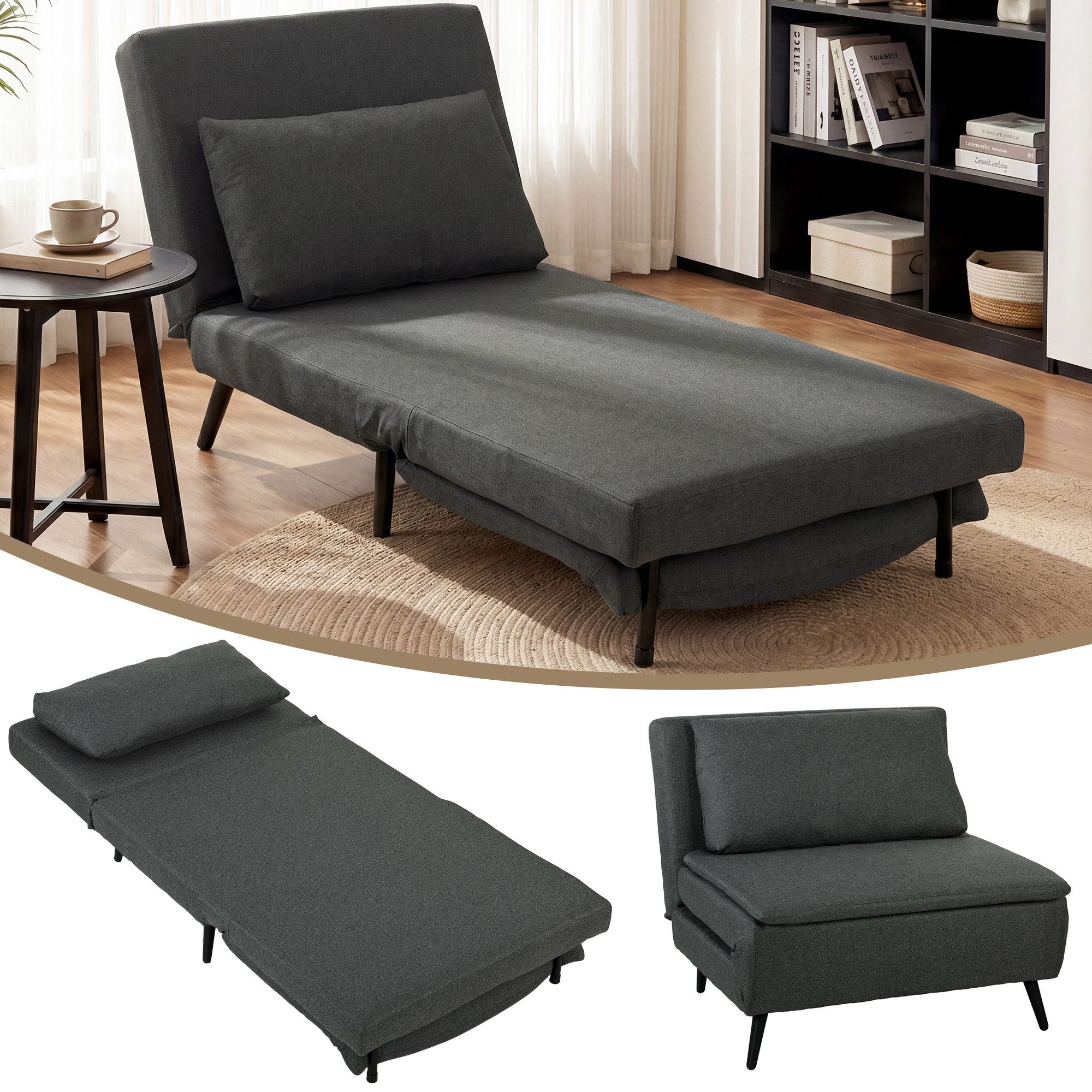 HOMCOM Schlafsofa Schlafsessel Sessel 3-in-1 Bettfunktion, Leinenoptik Dunkelgrau, Set 1 Teile, 3-in-1, 3-fach verstellbar – Bild 2 von 5