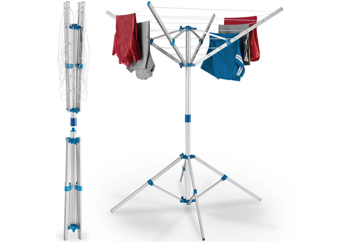 tectake Wäschespinne Mobiler Wäscheständer aus Aluminium, wetterfest, 102 x 102 x 160 cm, klappbar, drehbar und stufenlos höhenverstellbar, Leinenlänge 16 m