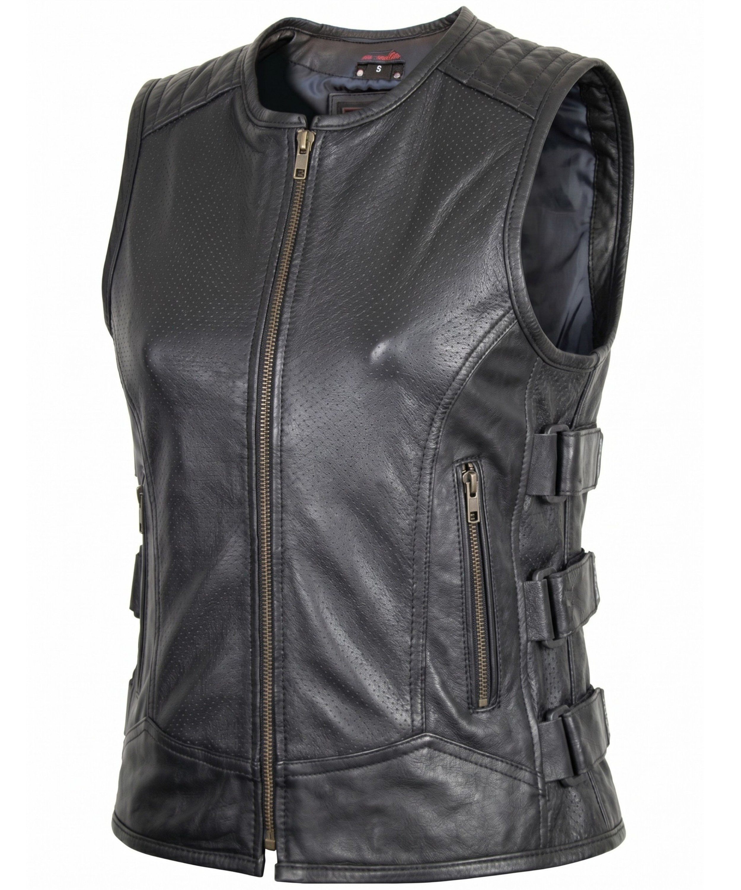 MDM Lederweste Damen Biker Lederweste Custom Kutte aus echtem Rindsleder perforiert gesteppten Schultern und seitlichen Klettverschlüssen