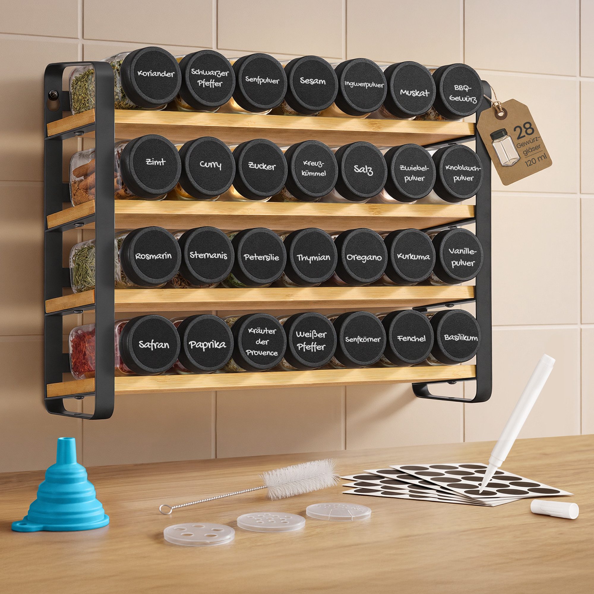 SONGMICS Gewürzregal Bezug abnehmbar, waschbar, rutschfest, Innenfutter wasserabweisend, mit 24 Gewürzgläser, Aufbewahrung Küche, 9 x 39,5 x 19,5 cm