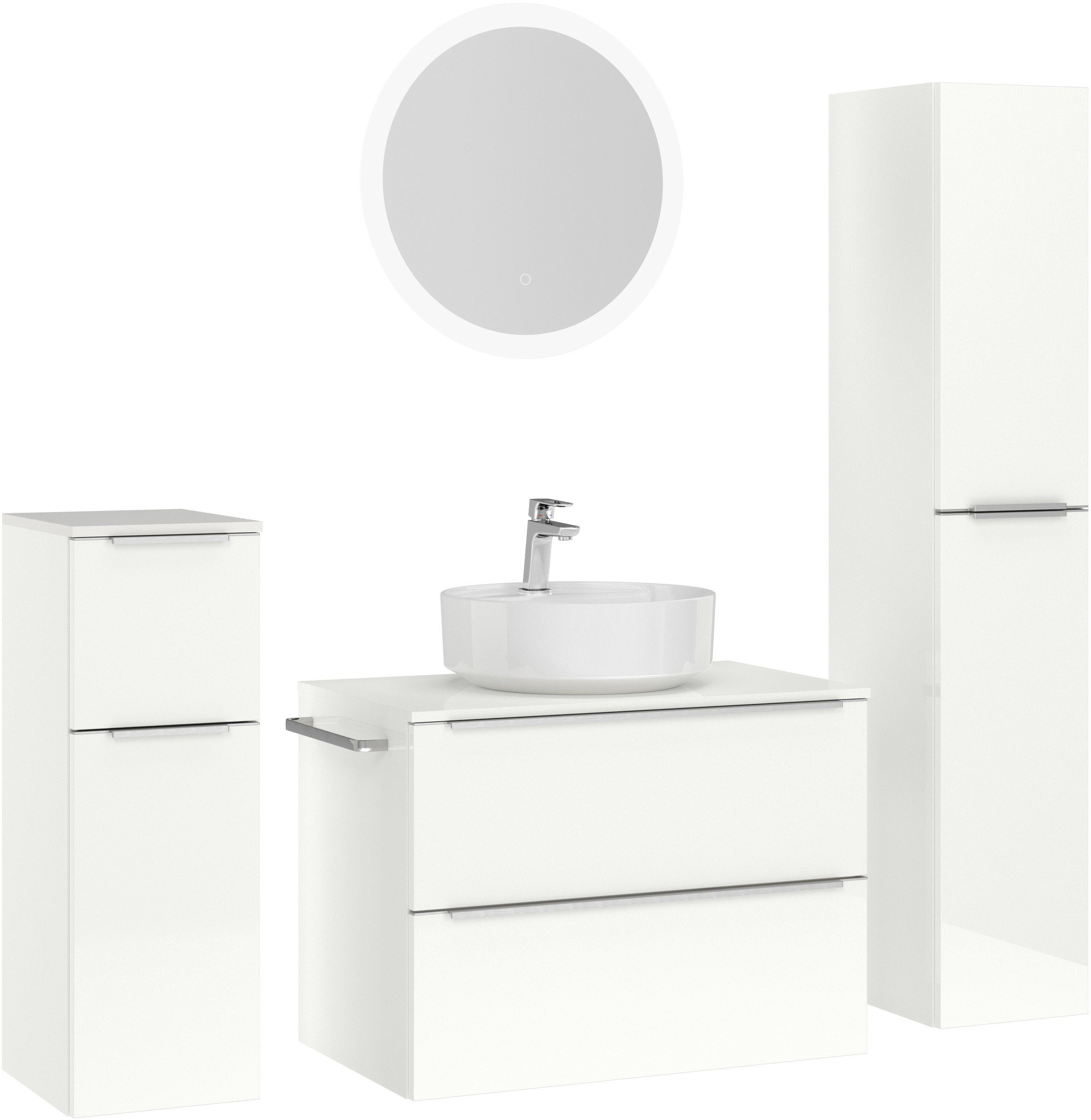 nobilia® Badmöbel-Set Alvene, (4-St., vormontiert, mit Soft-Close), Hochglanz, inkl. Spiegel mit Touch-Sensor, in vier Breiten