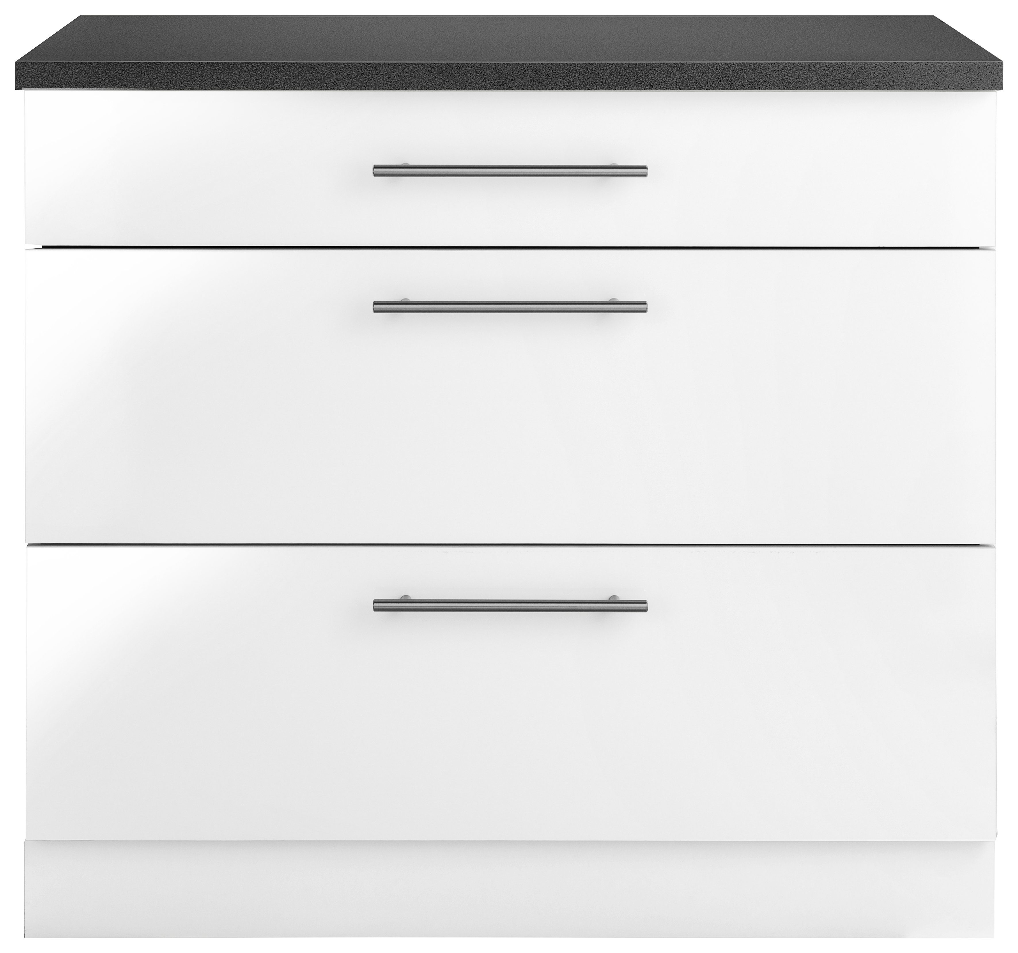wiho Küchen Unterschrank Cali 90 cm breit, mit 2 großen Auszügen Front: Weiß Glanz, Korpus: Weiß, Arbeitsplatte: Granit Grau | Weiß