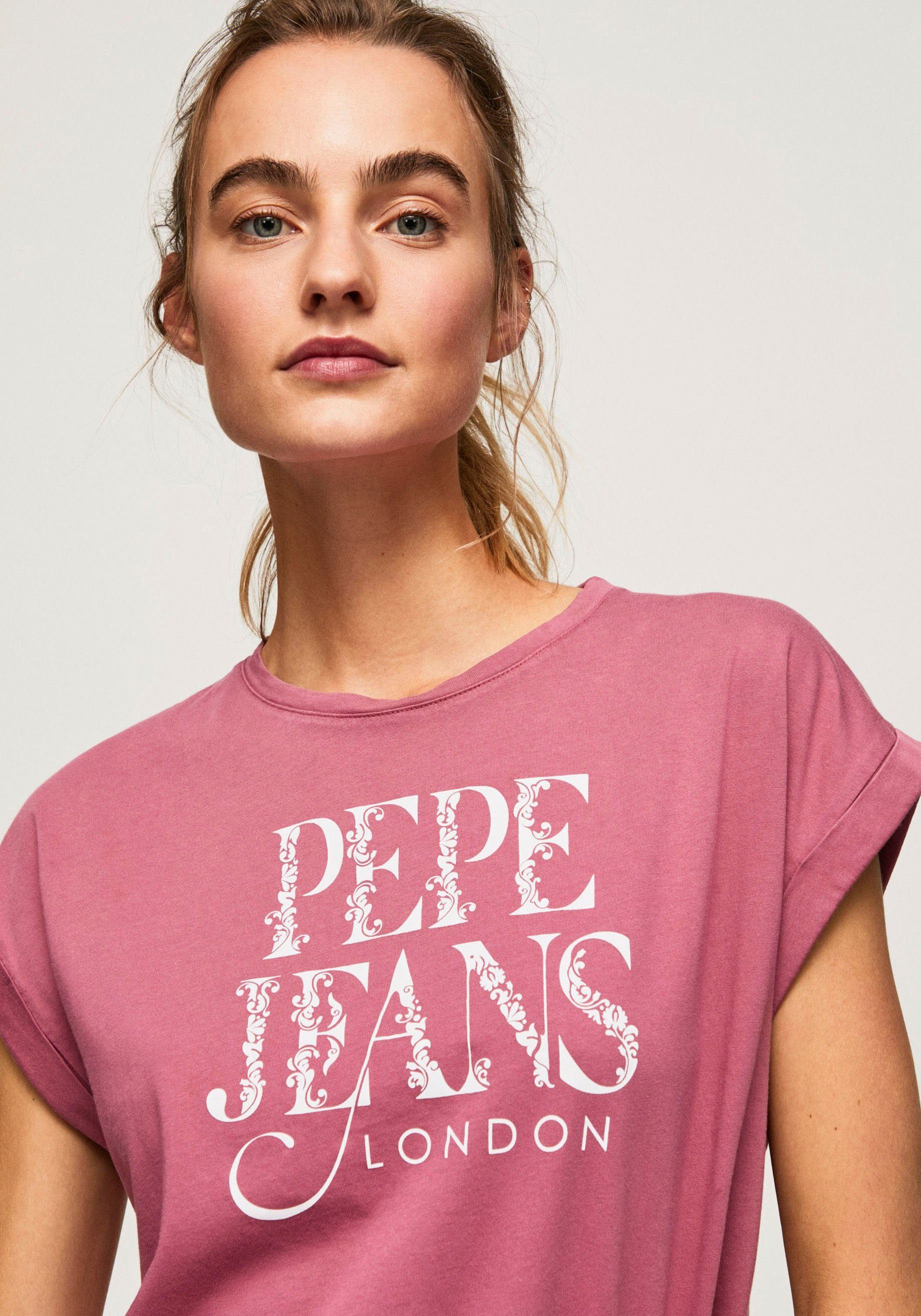 Pepe Jeans Rundhalsshirt LINDA mit Kontrast in altrosa Logo-Print