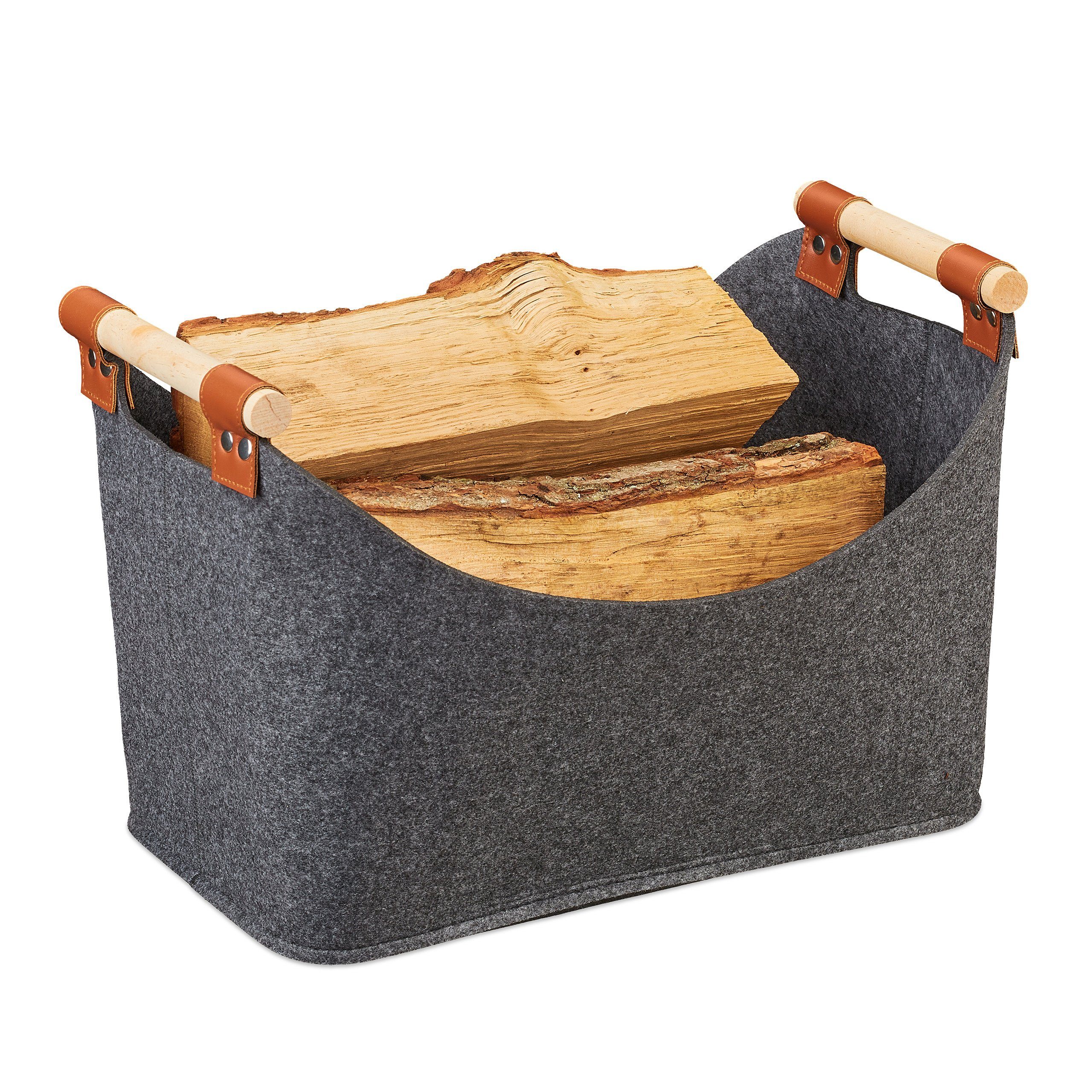 relaxdays Aufbewahrungskorb Filztasche mit Holzgriffen, Dunkelgrau Anthrazit Hellbraun