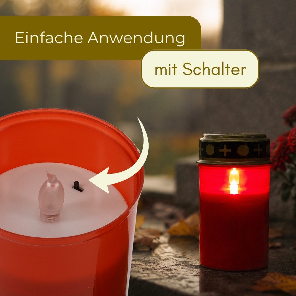 GarPet LED-Kerze 2er Grablichter LED Batteriebetrieben Set Grabkerzen LED Flackernd Rot – Bild 5 von 5