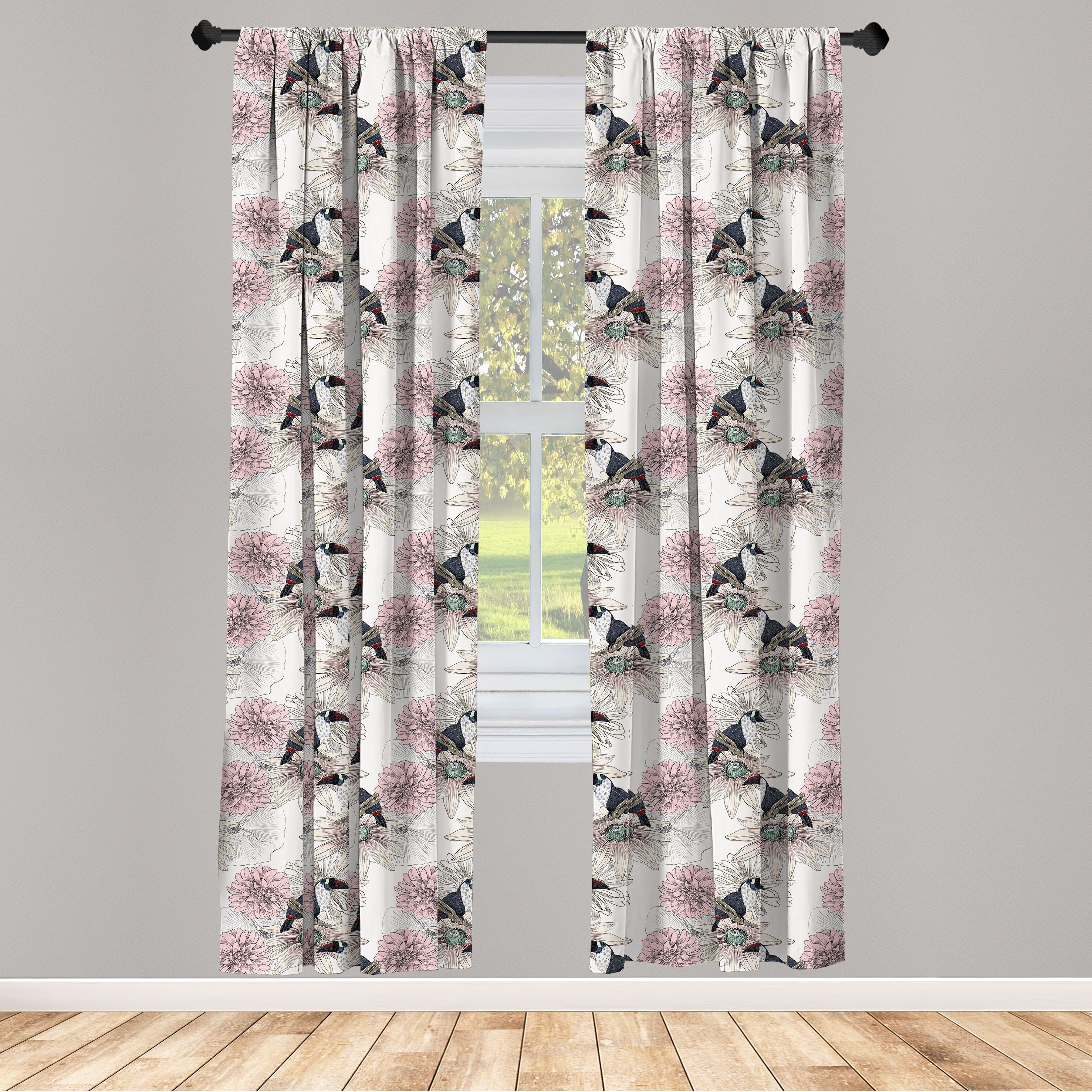 Gardine Vorhang für Wohnzimmer Schlafzimmer Dekor, Abakuhaus, Microfaser, Wendekreis Vintage Toucan und Blumen