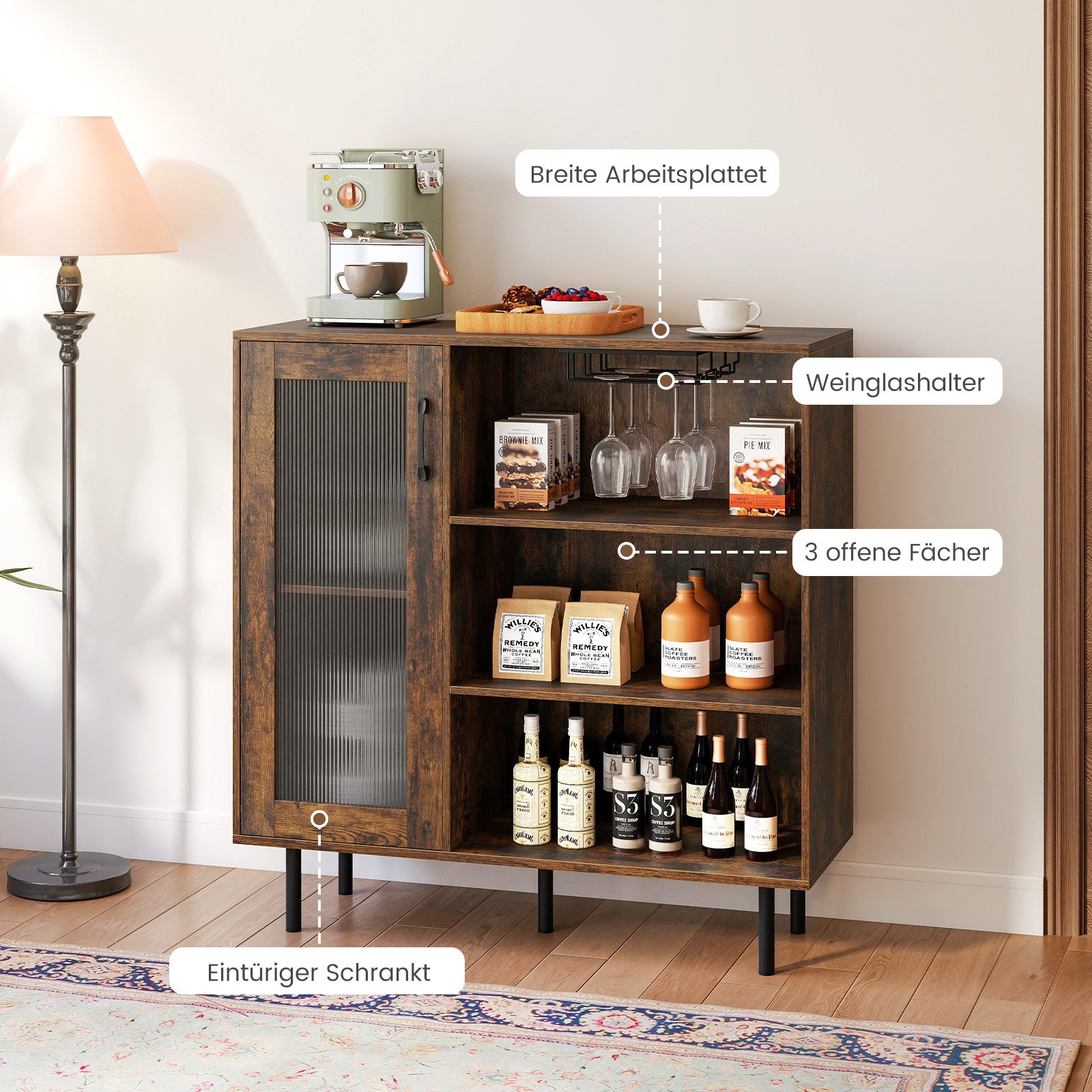COSTWAY Küchenbuffet Sideboard Holz mit Glastür, Weinglashaltern