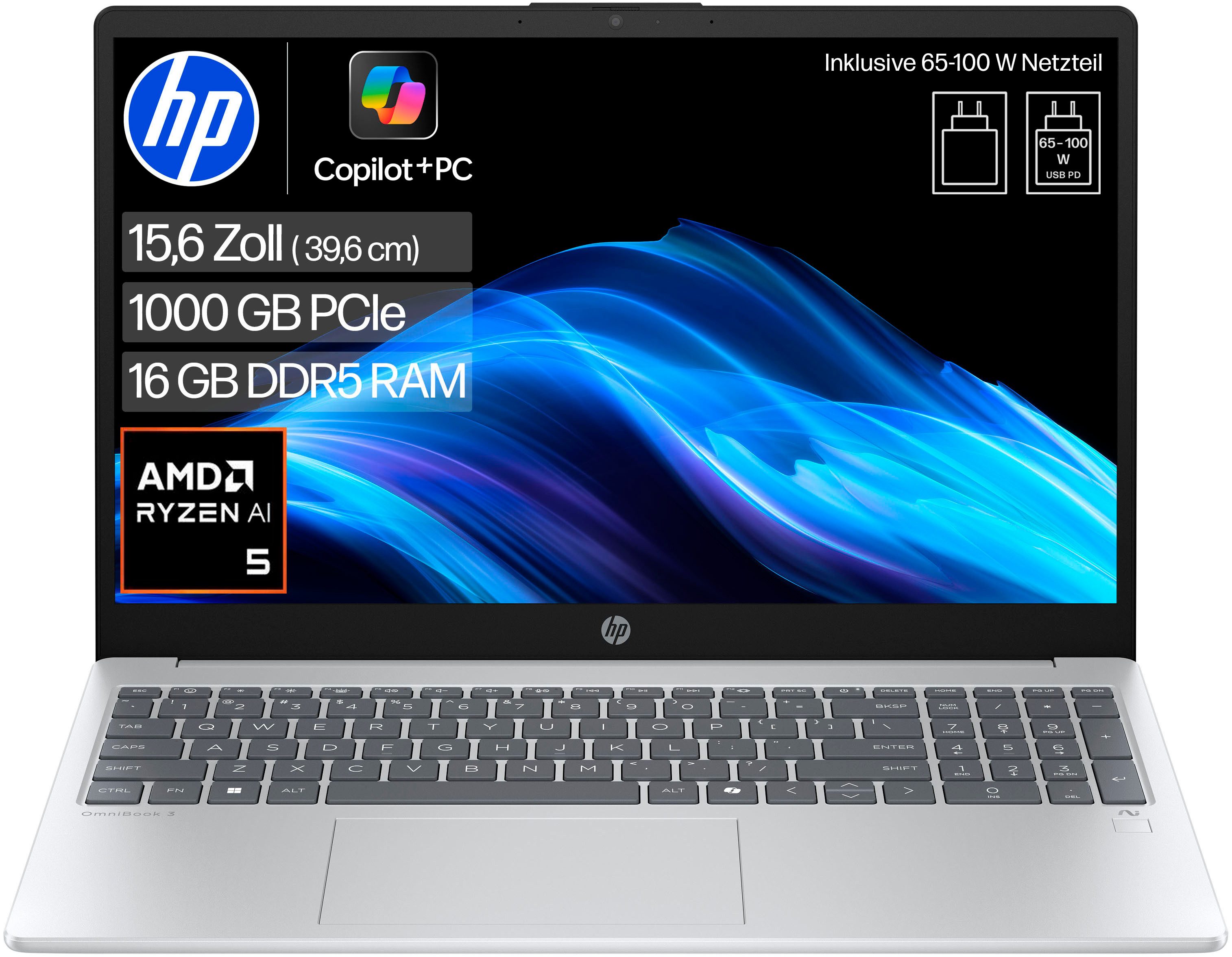 HP OmniBook 3 NGAI 15-fn0655ng Notebook (39,6 cm/15,6 Zoll, AMD Ryzen™ AI 5 340, Radeon 840M, 16 GB, 1000 GB SSD)