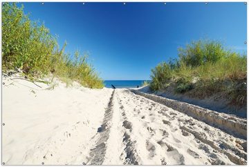 Wallario Sichtschutzzaunmatten Auf dem Sandweg zum Strand - Blauer Himmel über dem Meer