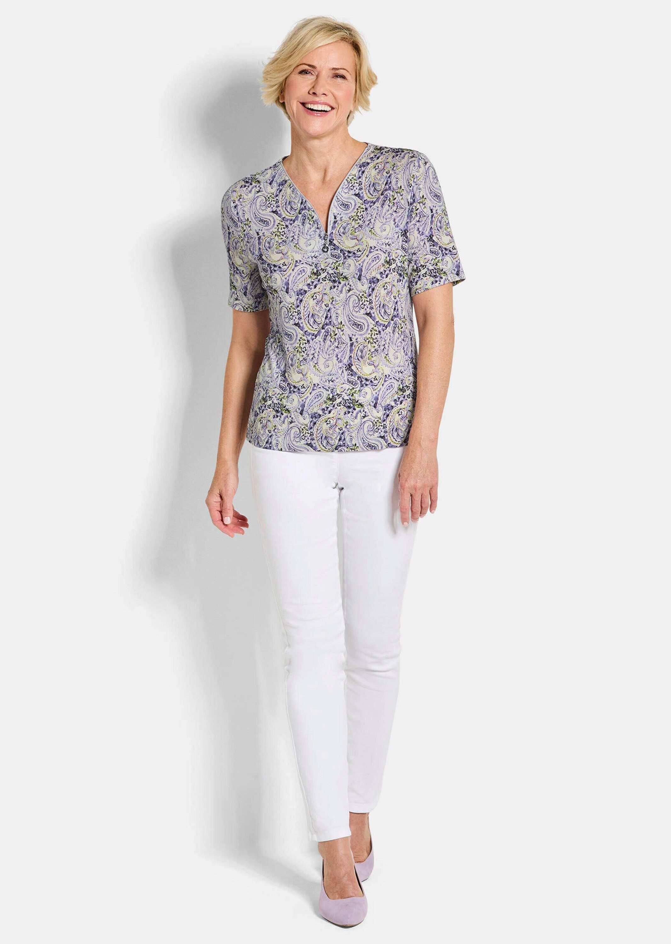 GOLDNER Print-Shirt Viskoseshirt mit Paisley-Muster Druckshirt mit V-Ausschnitt, Reißverschluss und Halbarm