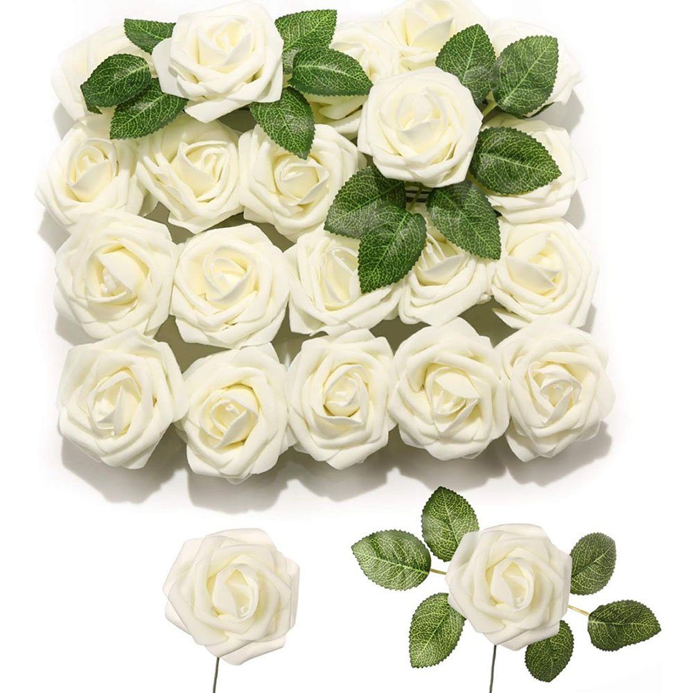 Kunstblumenstrauß 25 Stück Künstliche Rosen Deko Blumen Milchweiß, CTGtree | Kunstblumensträuße