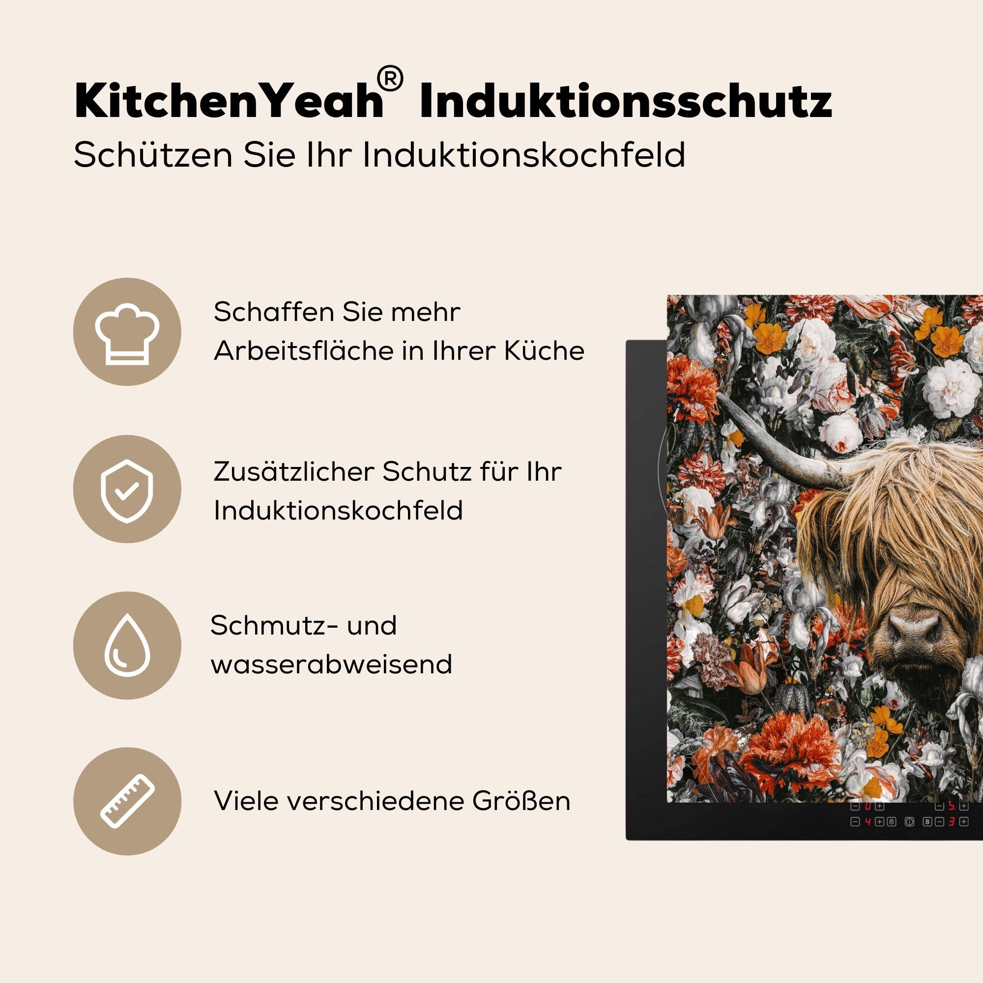MuchoWow Herdblende-/Abdeckplatte Schottischer für - Highlander (1 die Blumen küche, cm, Induktionsmatte tlg), 59x52 - Vinyl, Orange, Ceranfeldabdeckung