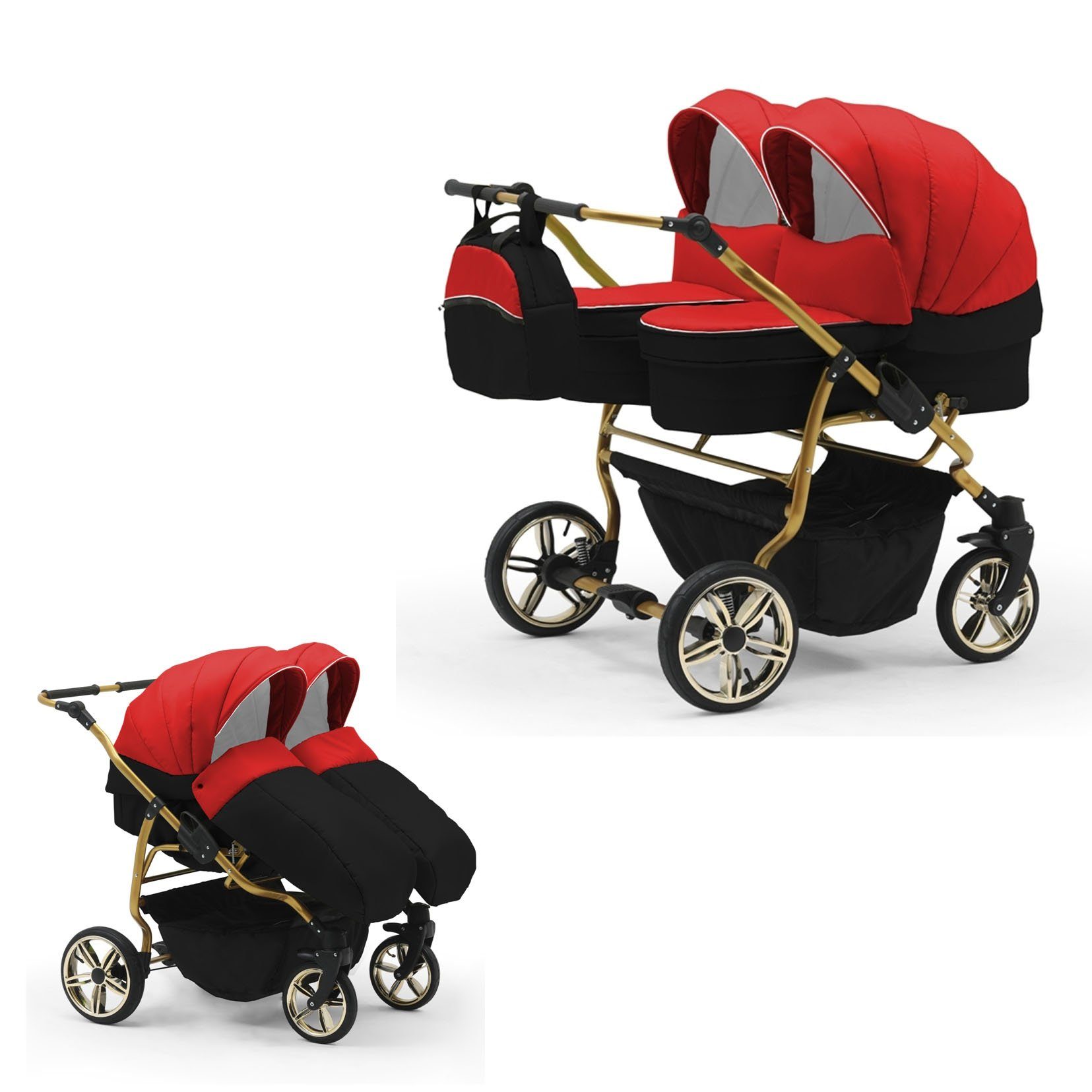 babies-on-wheels Zwillingswagen Zwillingskinderwagen 2 in 1 Duet Lux - 10 Teile - in 33 Farben Rot-Schwarz