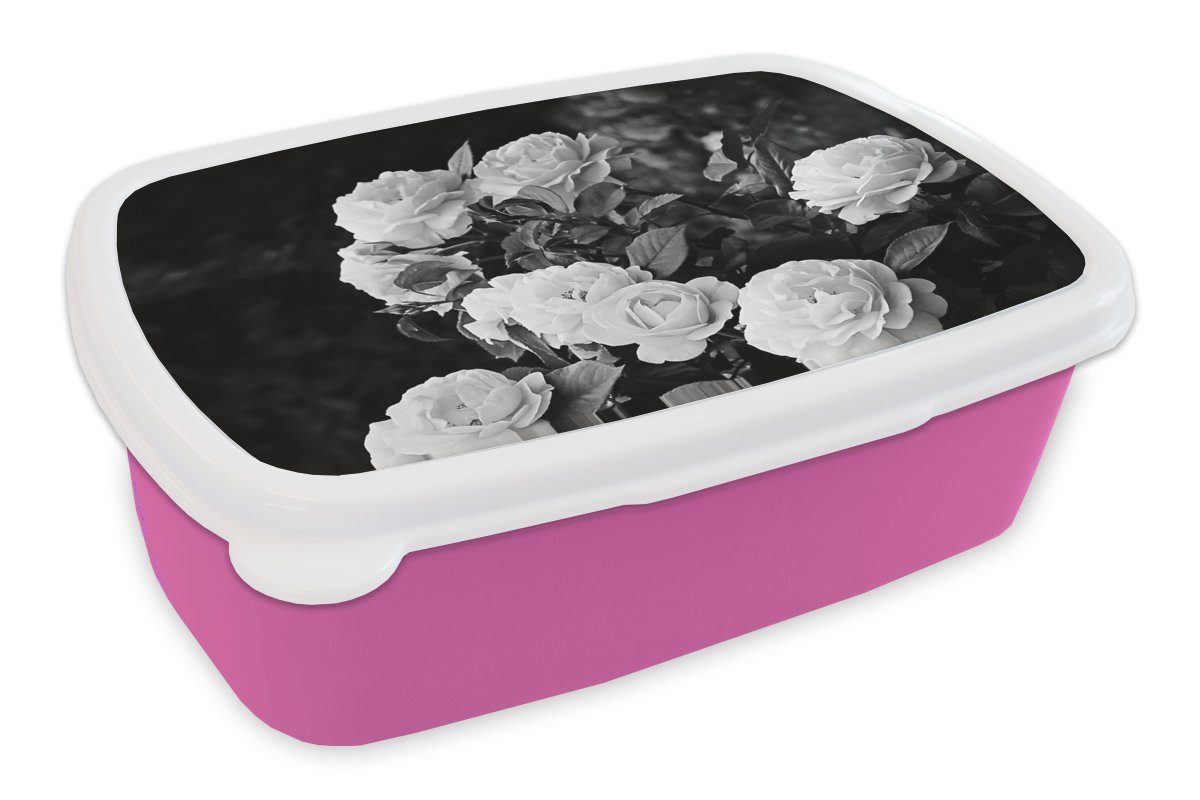 - Blumen Rosen, - Mädchen, - MuchoWow Weiß rosa Brotbox Kinder, Brotdose Schwarz Pflanzen Snackbox, Kunststoff, Lunchbox Kunststoff - (2-tlg), Natur Erwachsene, und für
