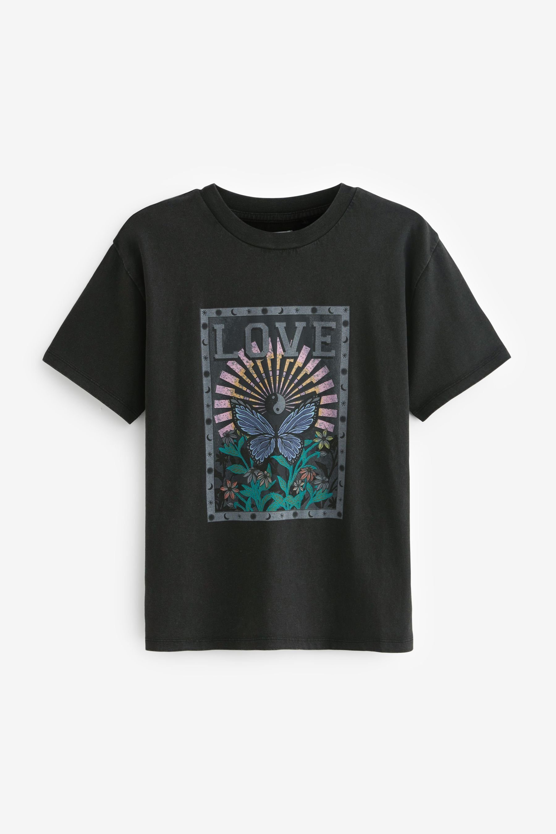 T-Shirt (1-tlg) T-Shirt Grafik Black Acid-Waschung mit Next Schmetterling in