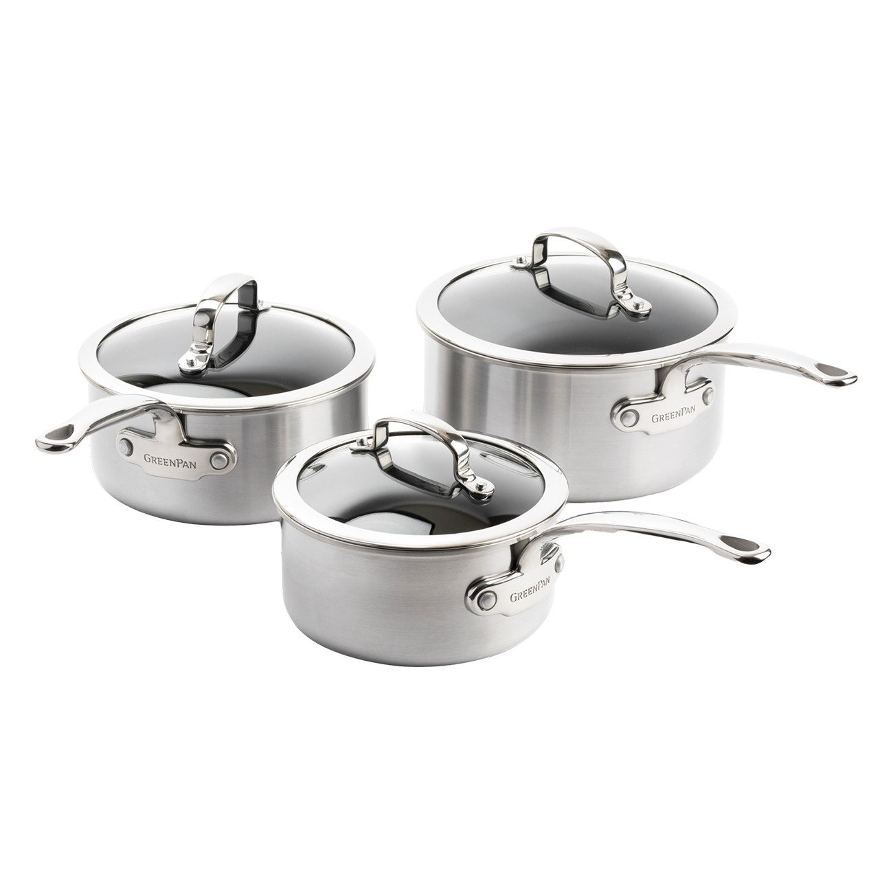 GREENPAN Kasserolle Premiere Stielkasserollenset 16+18+20cm Edelstahl robust Antihaft, Edelstahl, Stielkasserollenset 16cm+18cm+20cm, Hervorragende Antihaft-Leistung