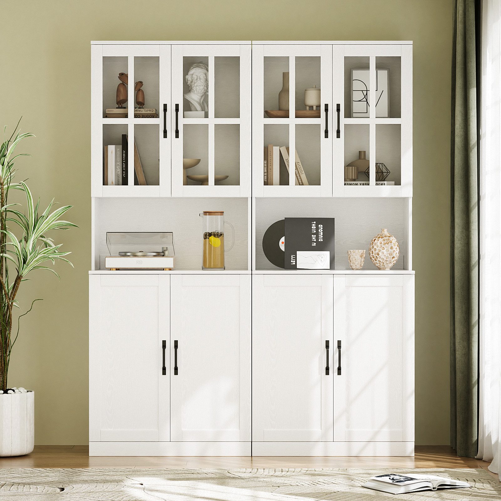 VOWNER Bücherregal mit Glastüren, offenem Fach & Arbeitsplatte – 5 Ebenen Hochschrank, 2-tlg., Vitrinenschrank Buffetschrank Standregal für Wohnzimmer & Büro