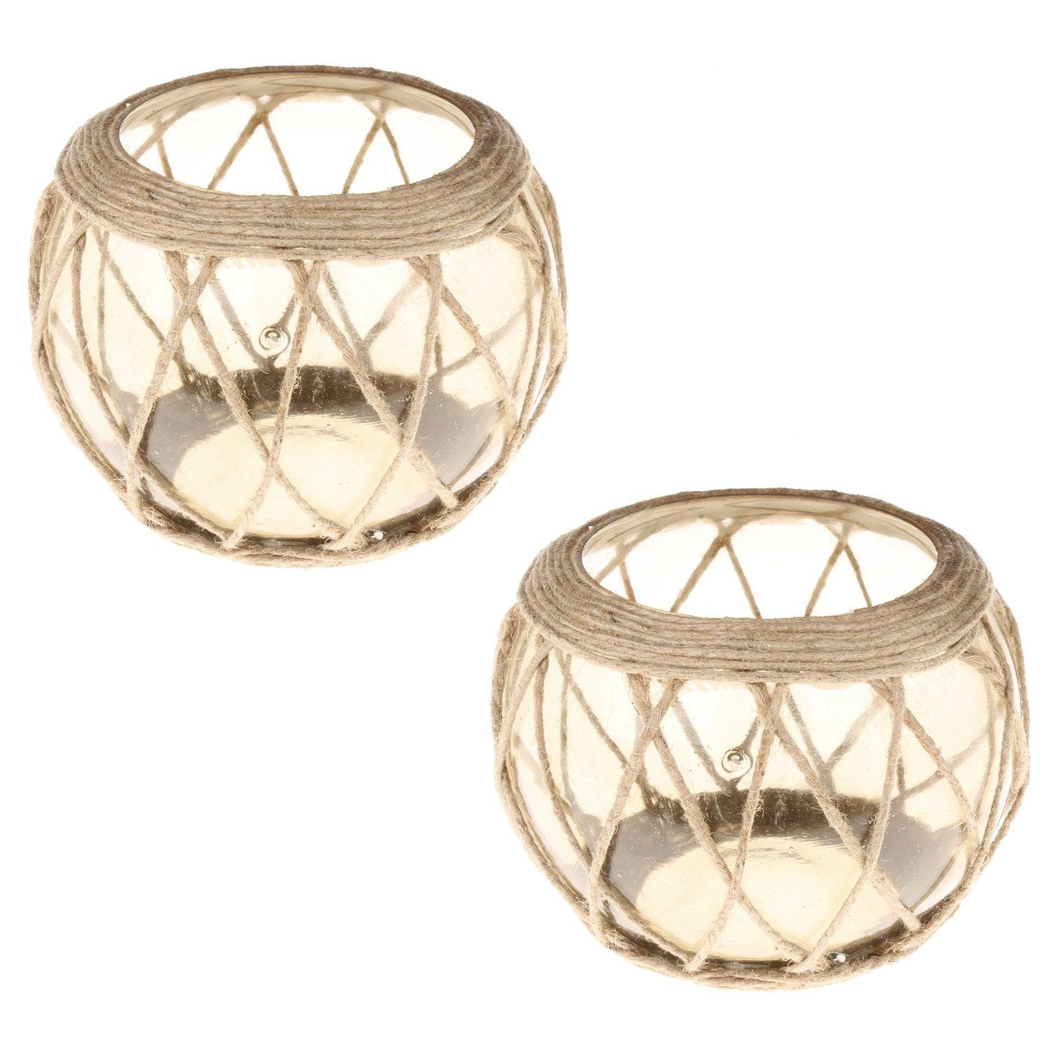 Teelichthalter Set, 2 Kerzenglas Windlicht Kerzenhalter Kerzenständer Design (2er Macosa Home St), Jute Glas Teelichtglas
