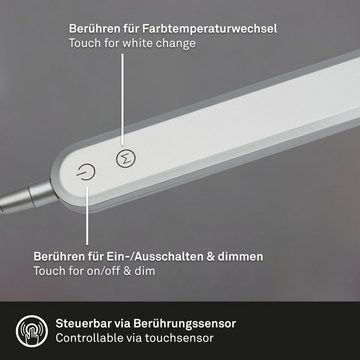 Briloner Leuchten LED Tischleuchte 7389-014, dimmbar, CCT Farbtemperatursteuerung, Touch, Speicherfunktion, schwenkbar, LED fest verbaut, Kaltweiß, Neutralweiß, Tageslichtweiß, Warmweiß, Tischlampe, 23x95cm, Silber, 8W, Leselampe, Schreibtisch, Büro, Bett