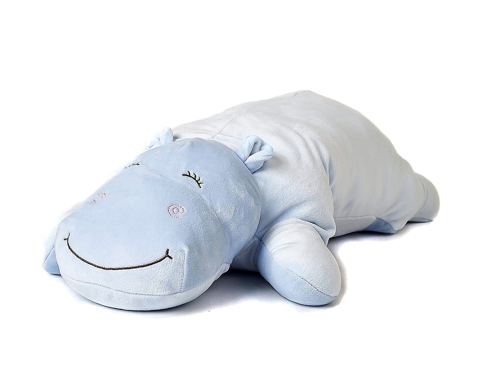 Uni-Toys Kuscheltier Plüsch-Kissen Nilpferd, ultraweich, 56 cm - hellblau/rosa - Plüschtier, zu 100 % recyceltes Füllmaterial