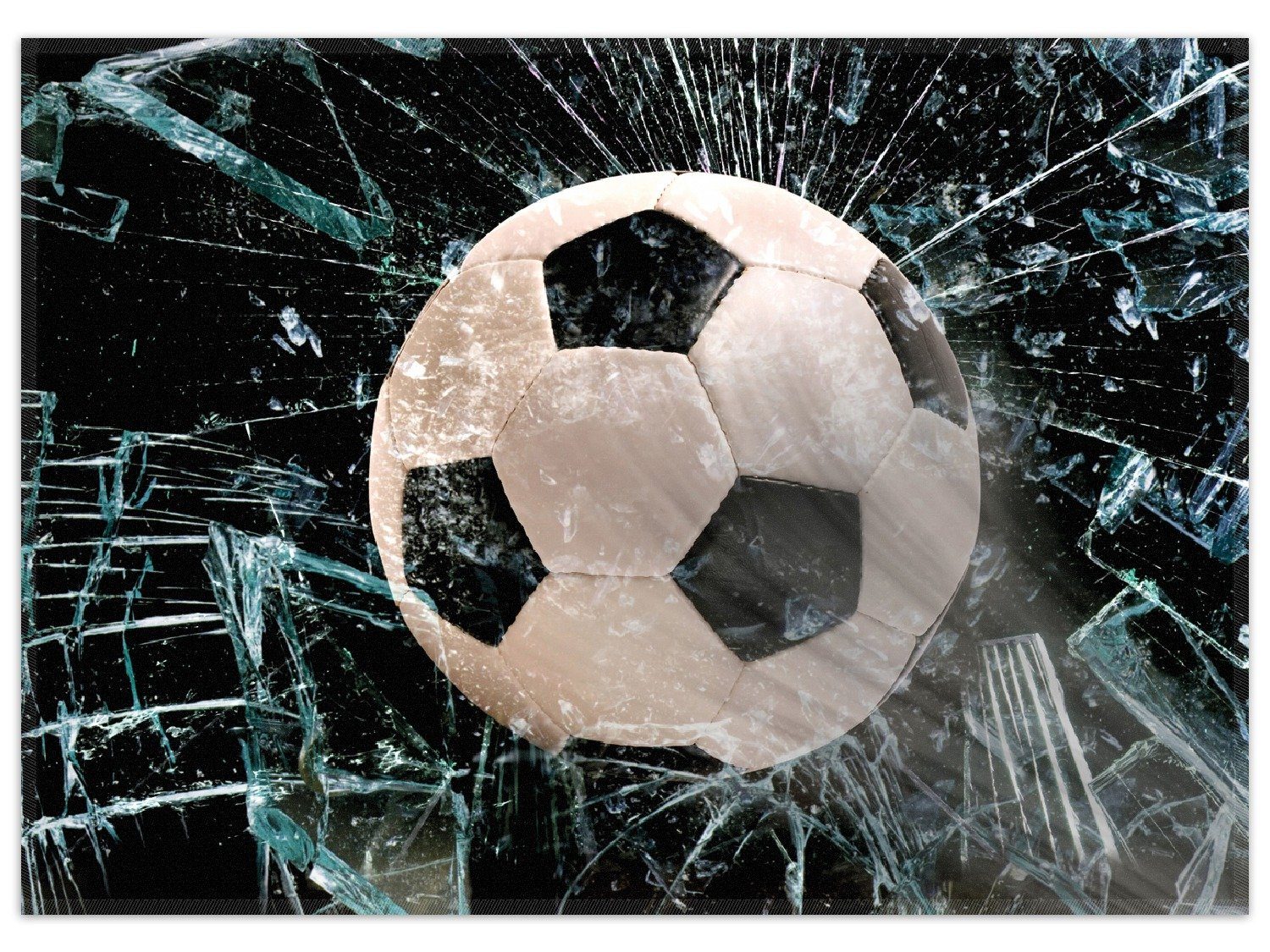 Wallario Teppich Fußball - im Fenster, Splitter und Glas, rechteckig, rutschfest
