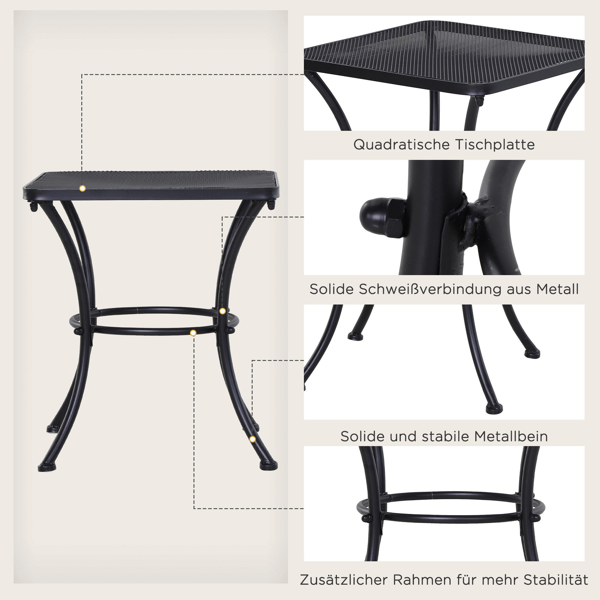 MODFU Beistelltisch schwarzer 45x45x50 cm aus Metall mit Mesh-Tischplatte, quadratisch (Packung, 1-St., Leichter Gartentisch für Balkon, Terrasse & Camping), Vielseitig als Pflanzenständer, Ablage oder Couchtisch nutzbar
